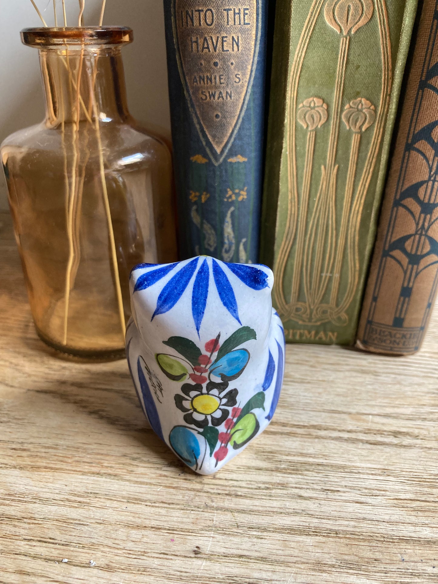 Tonala Mexican Folk Art Pottery Handpainted Signed Owl Figurine