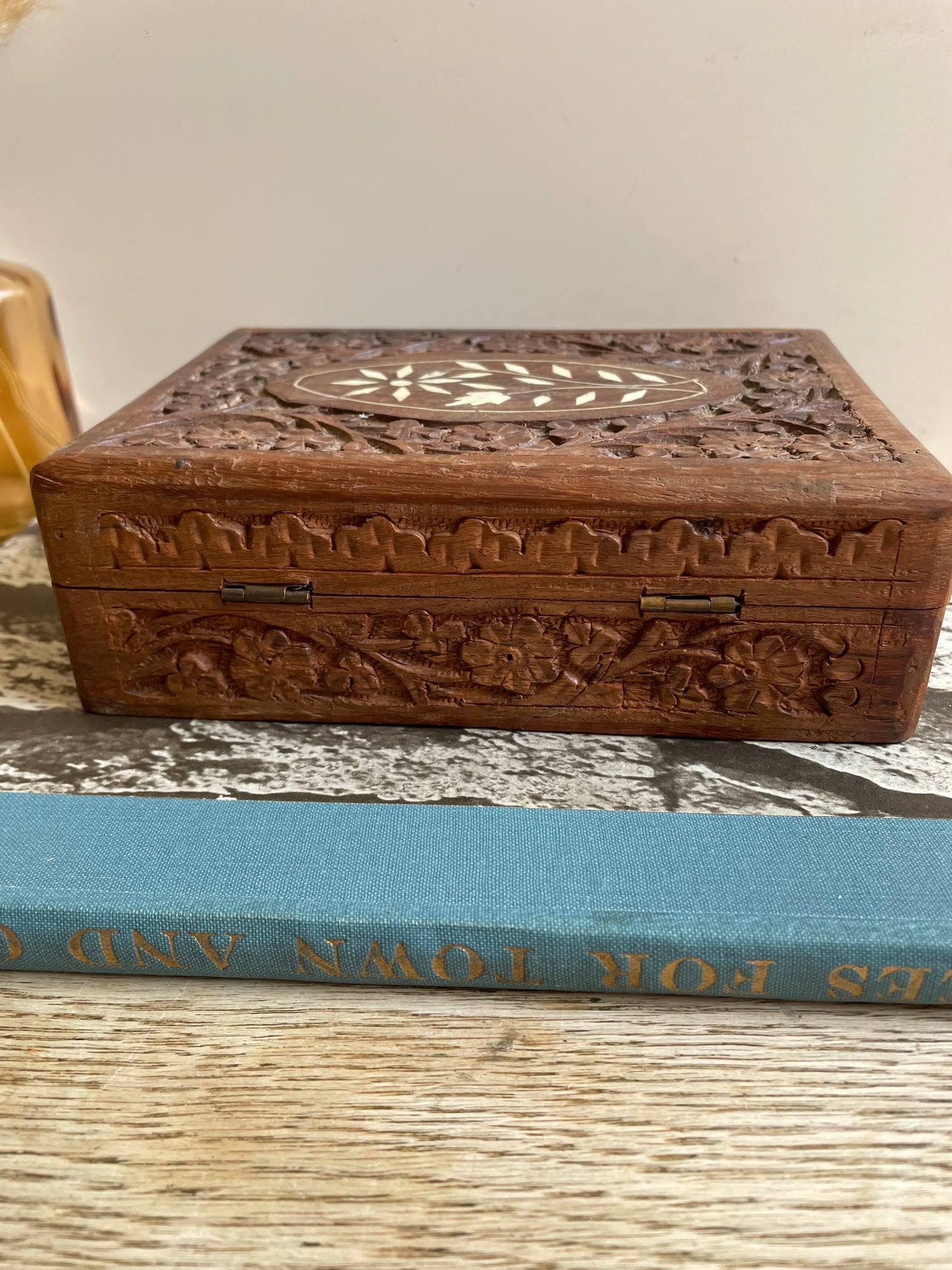 Wooden Jewelry Box Hand Carved With Inlayed Top Gift Decor Display Boho