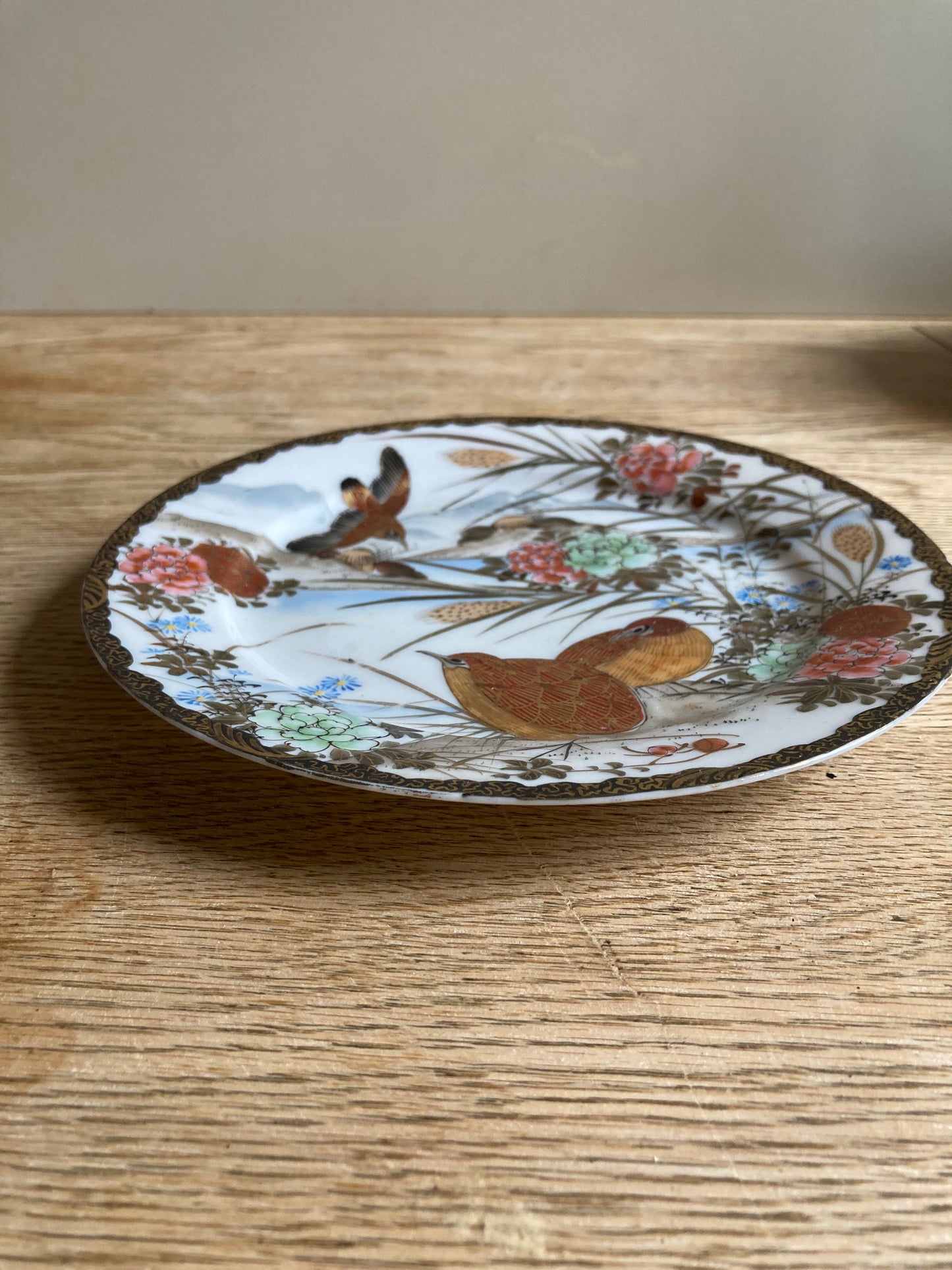 Meiji Japanese Kutani Plate Porcelain Yokohama Hand Painted Quail Signed