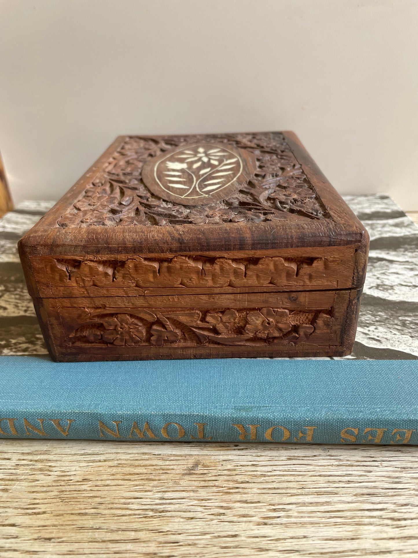Wooden Jewelry Box Hand Carved With Inlayed Top Gift Decor Display Boho