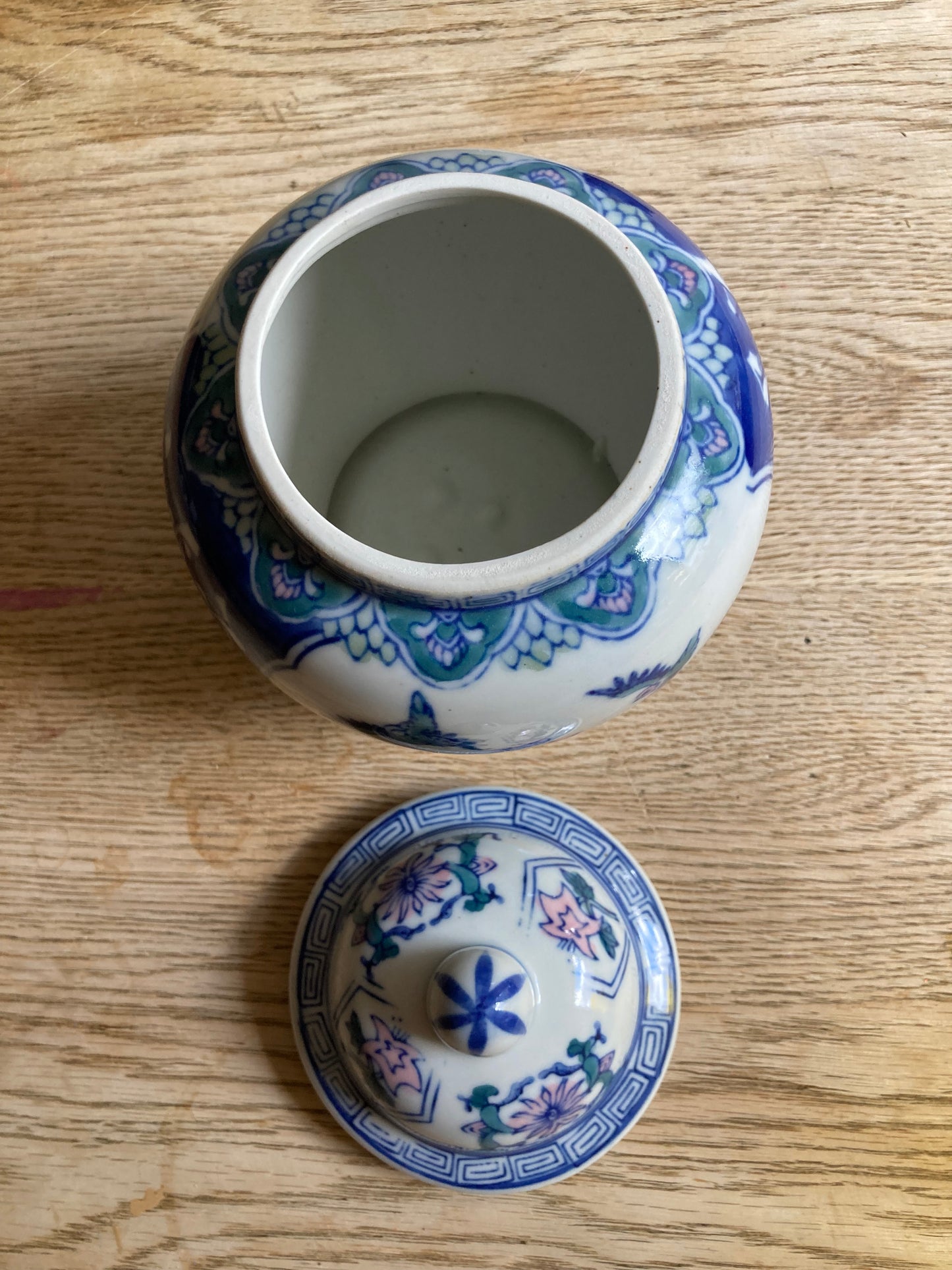 Ceramic Asian Ginger Jar Blue White Pink Bird Flower Pattern Stamped Base Decor