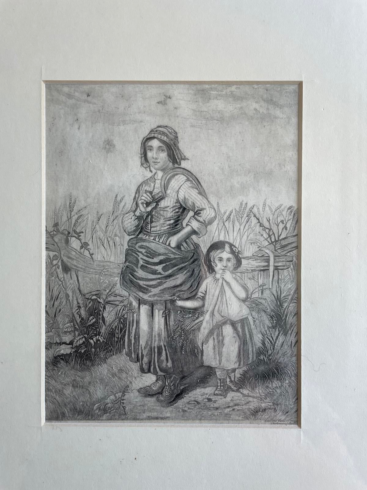 Pencil Drawn Print Of Lady and Girl Harvesting Crops Framed Farm Life