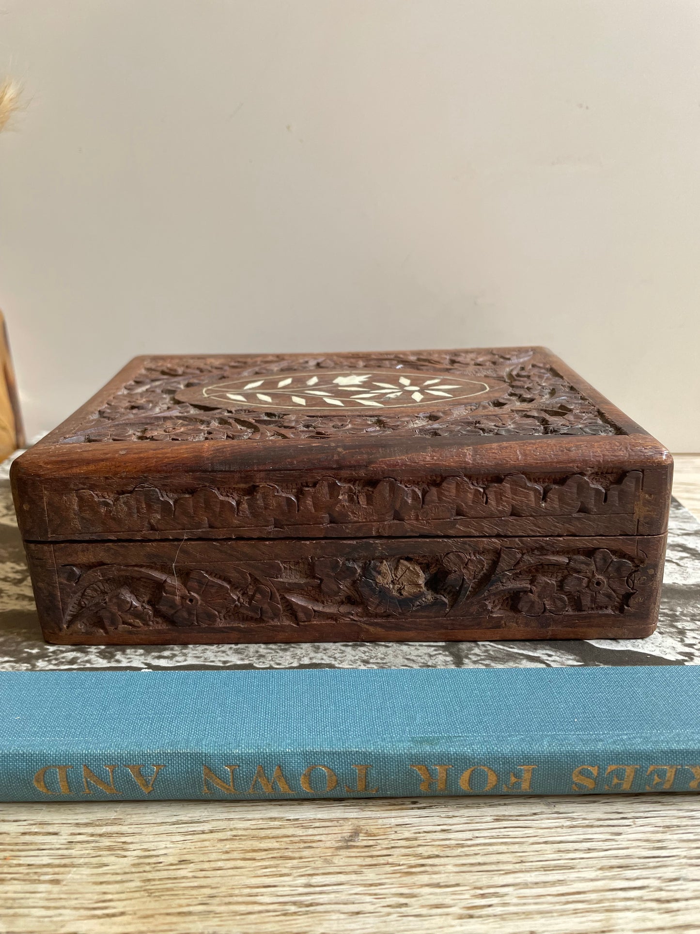 Wooden Jewelry Box Hand Carved With Inlayed Top Gift Decor Display Boho