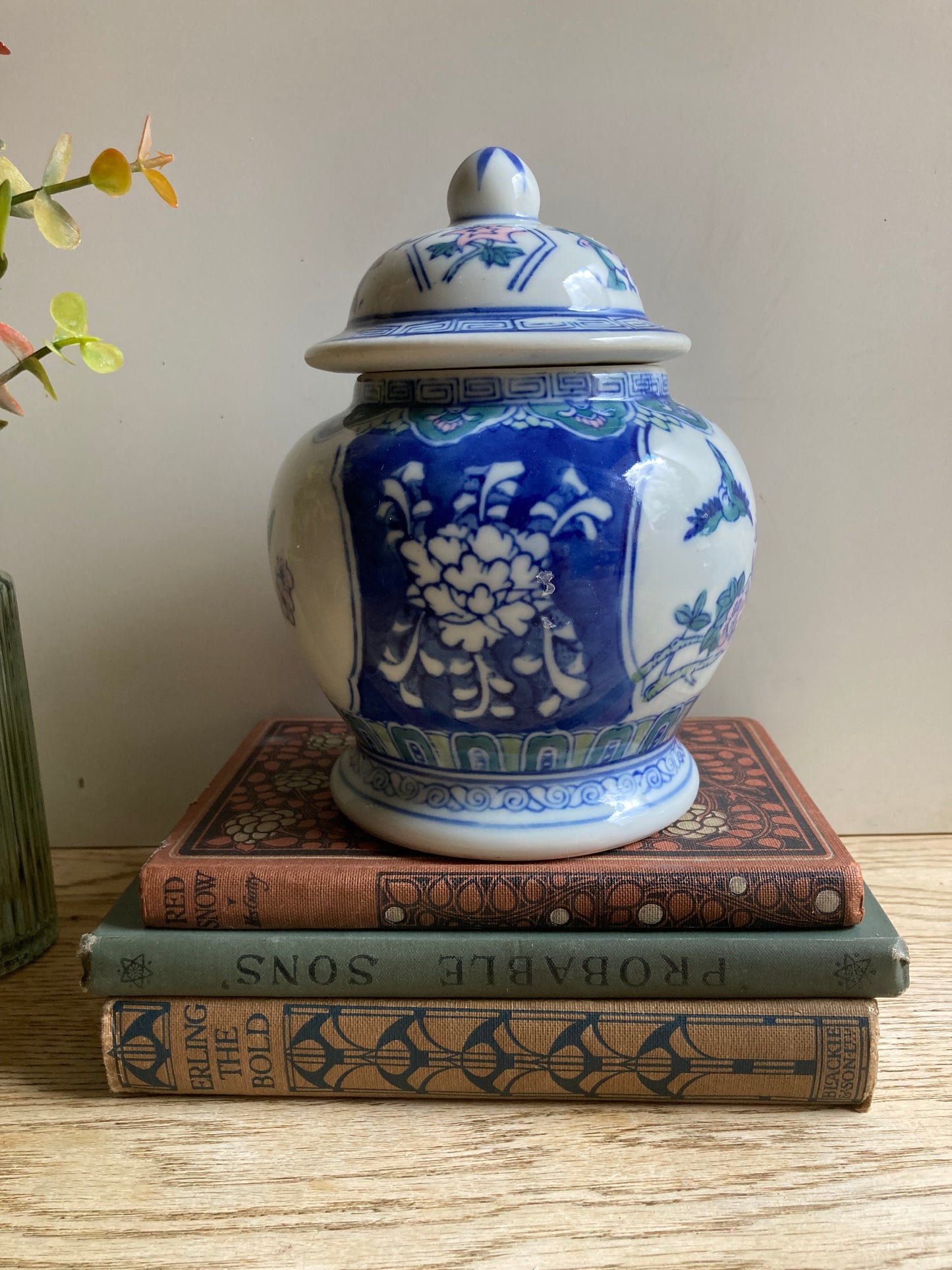 Ceramic Asian Ginger Jar Blue White Pink Bird Flower Pattern Stamped Base Decor