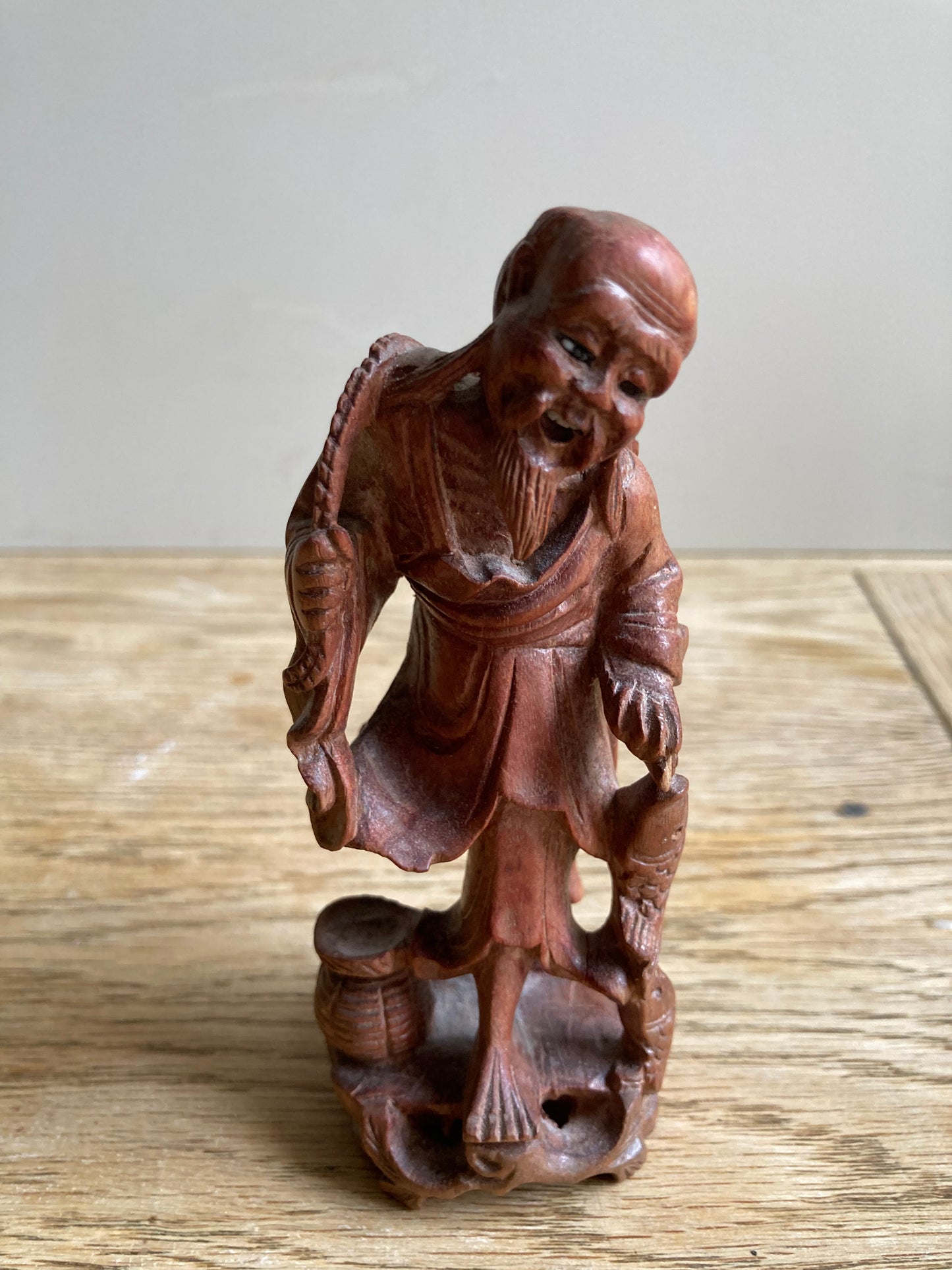 Chinese Fisherman Hand Carved Redwood Statue Vintage Collectible