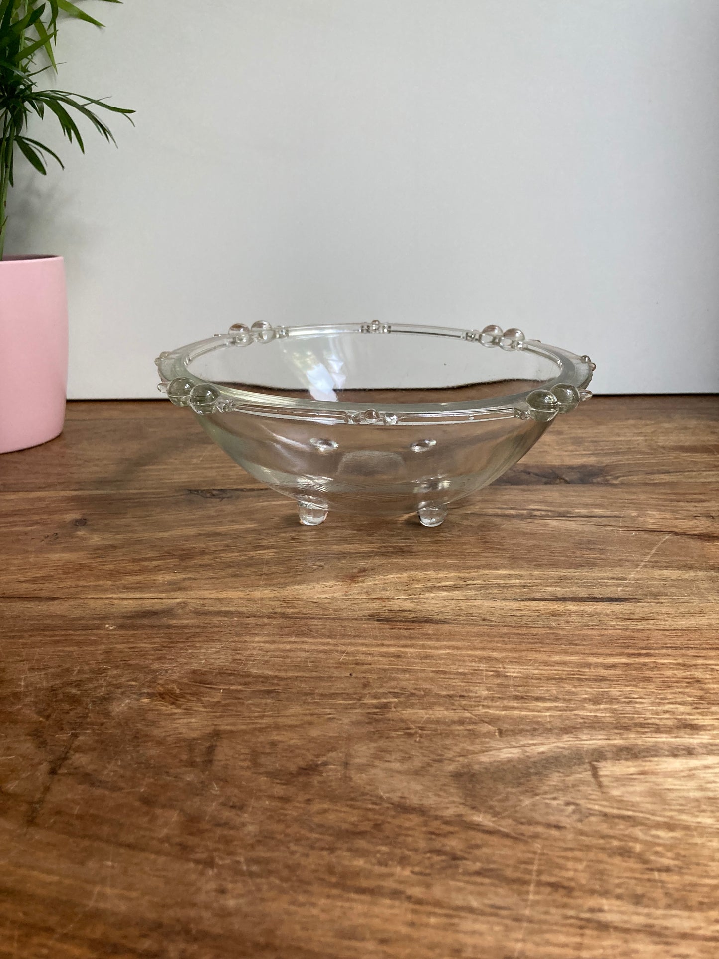 Ornate Glass Bowl On Four Feet Ball Edge Detail Serving Decor Table Centrepiece
