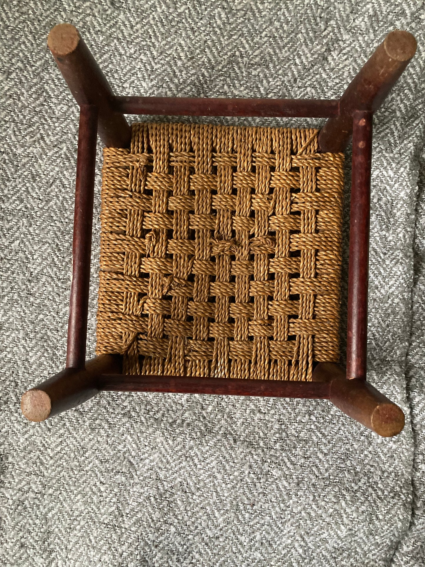 Antique Wooden Foot Stool Woven String Wood Cottage Furniture