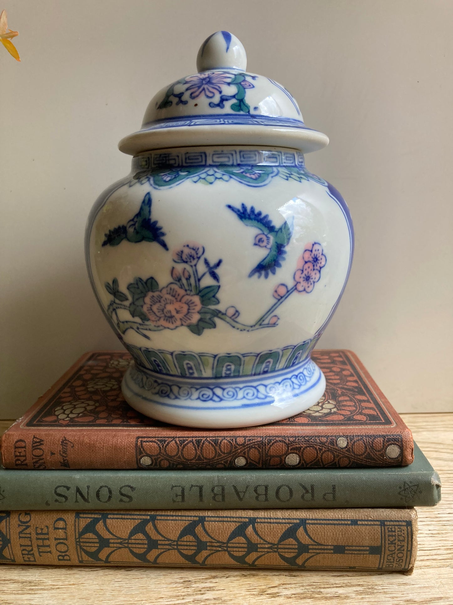 Ceramic Asian Ginger Jar Blue White Pink Bird Flower Pattern Stamped Base Decor