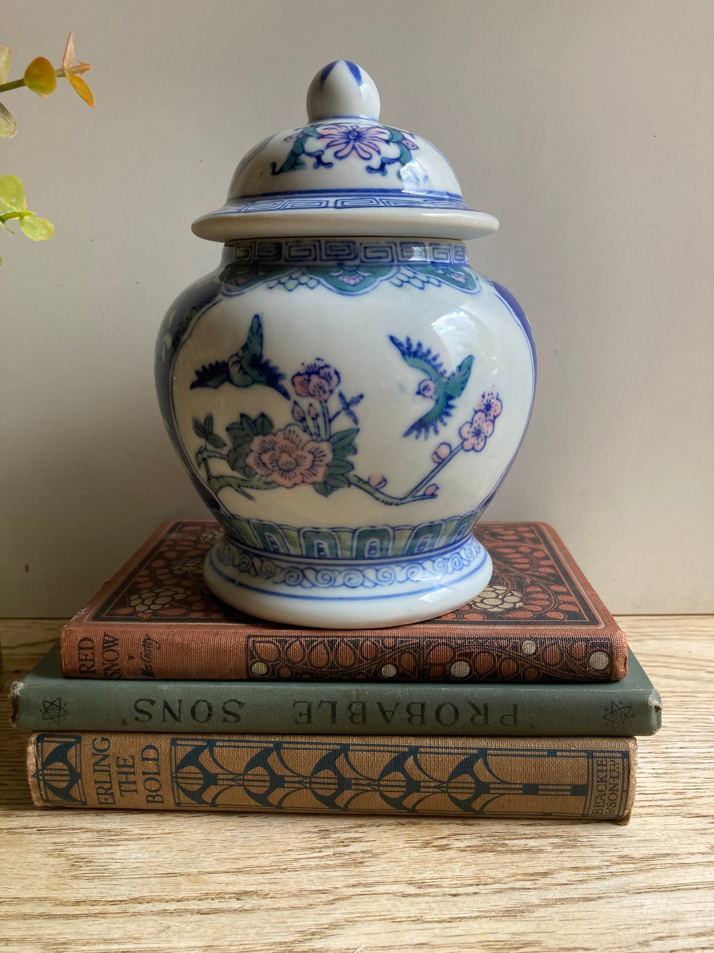 Ceramic Asian Ginger Jar Blue White Pink Bird Flower Pattern Stamped Base Decor