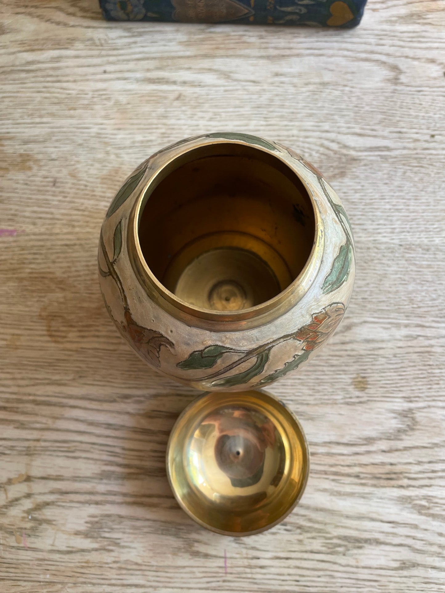 Cloisonne Decorated Brass Urn Vase Vintage Rose Pattern