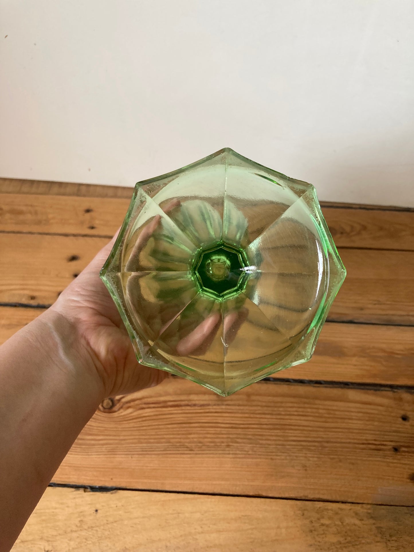 Vintage Art Deco Uranium Glass Tulip Vase | Green Czech Style Pressed Glass c.1930s