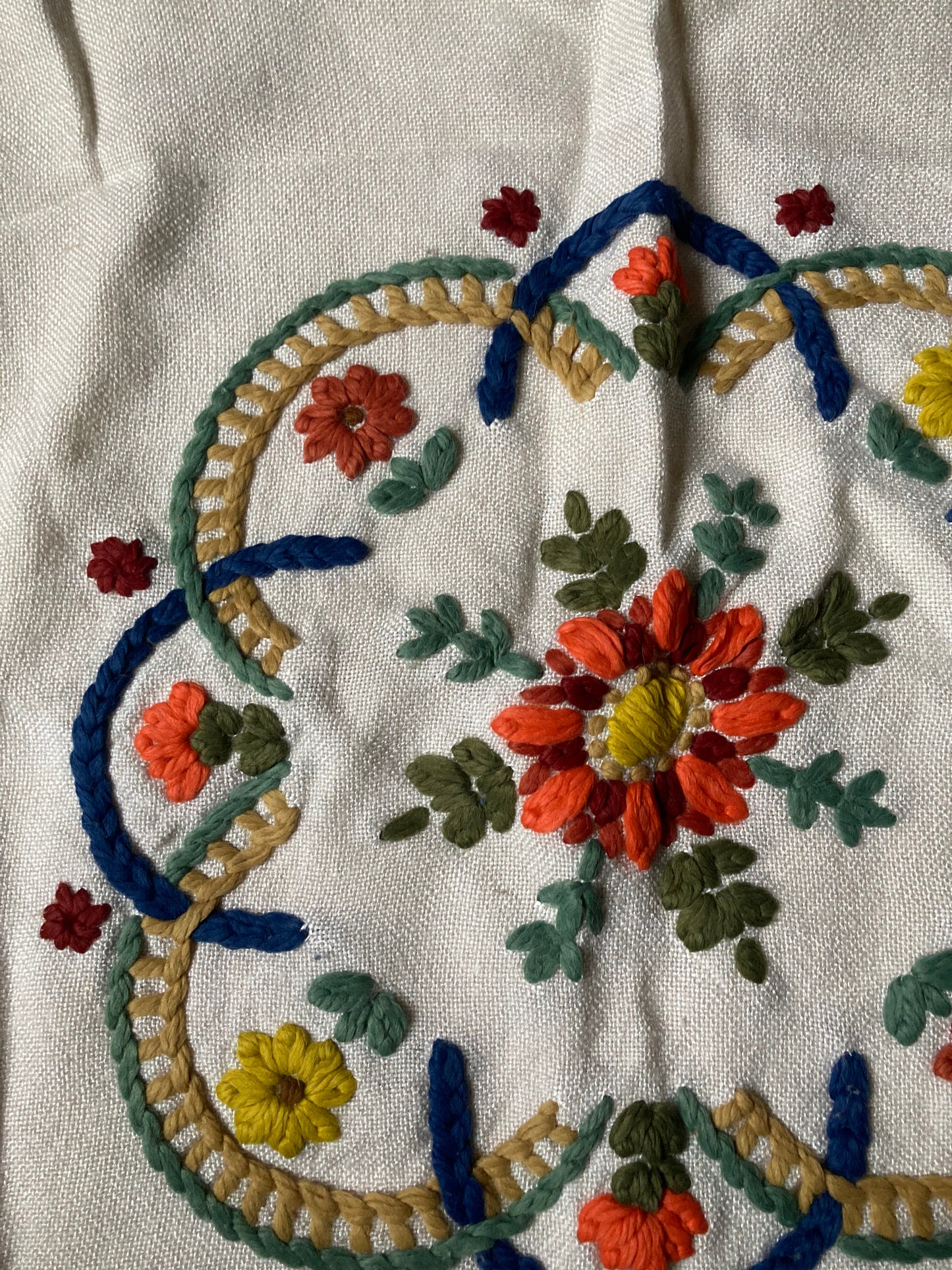 Vintage Linen Hand Embroidered Floral Seat Back Cover