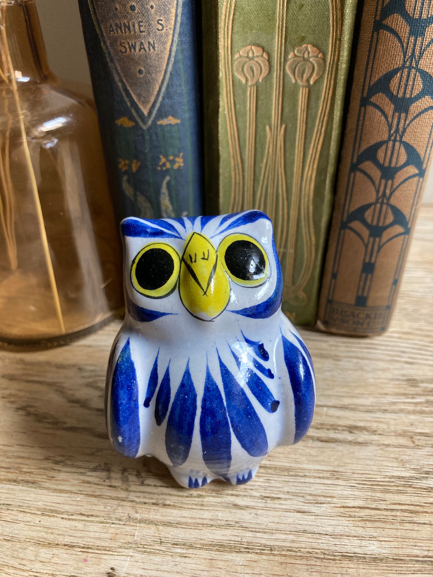 Tonala Mexican Folk Art Pottery Handpainted Signed Owl Figurine