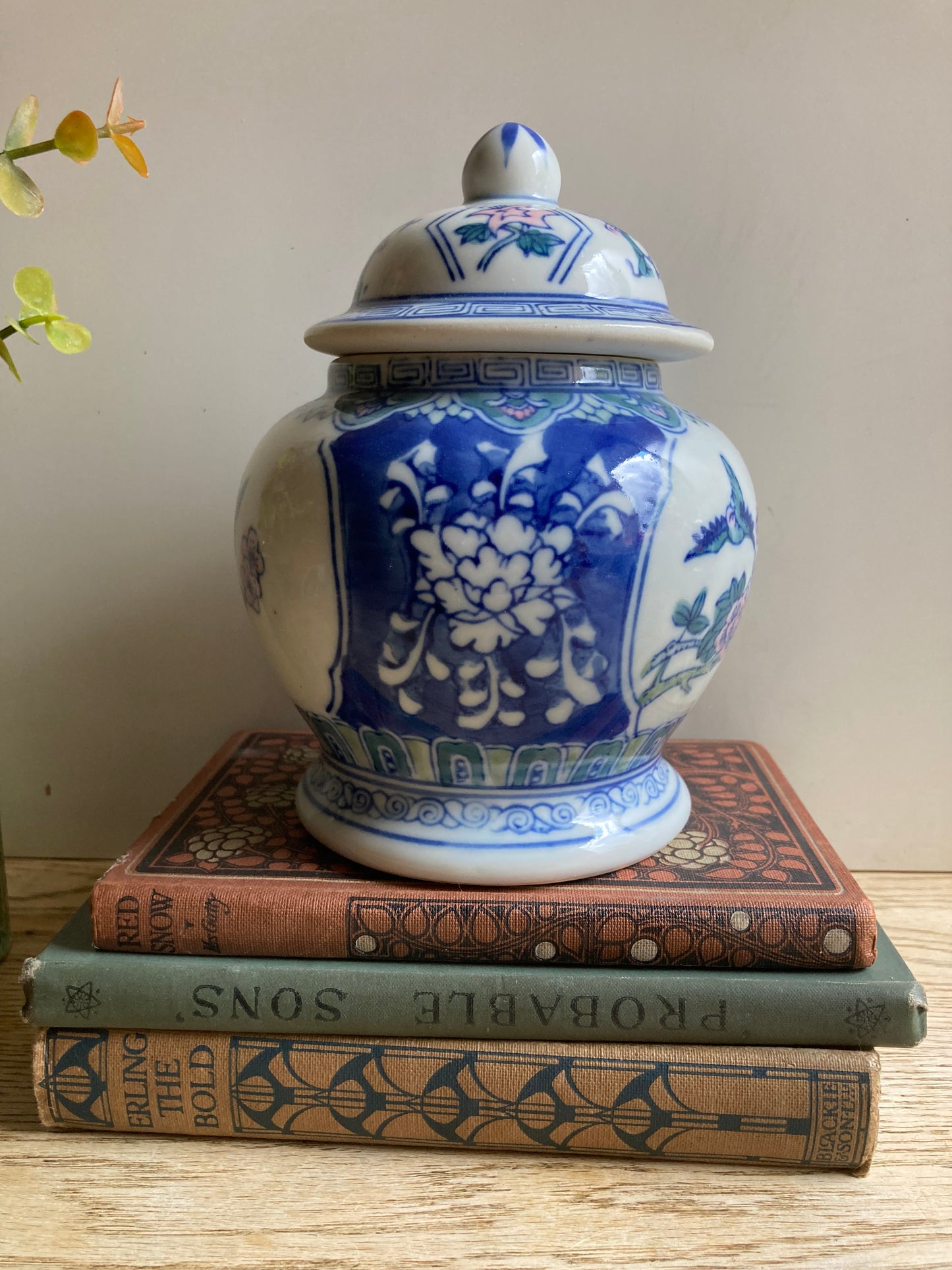 Ceramic Asian Ginger Jar Blue White Pink Bird Flower Pattern Stamped Base Decor
