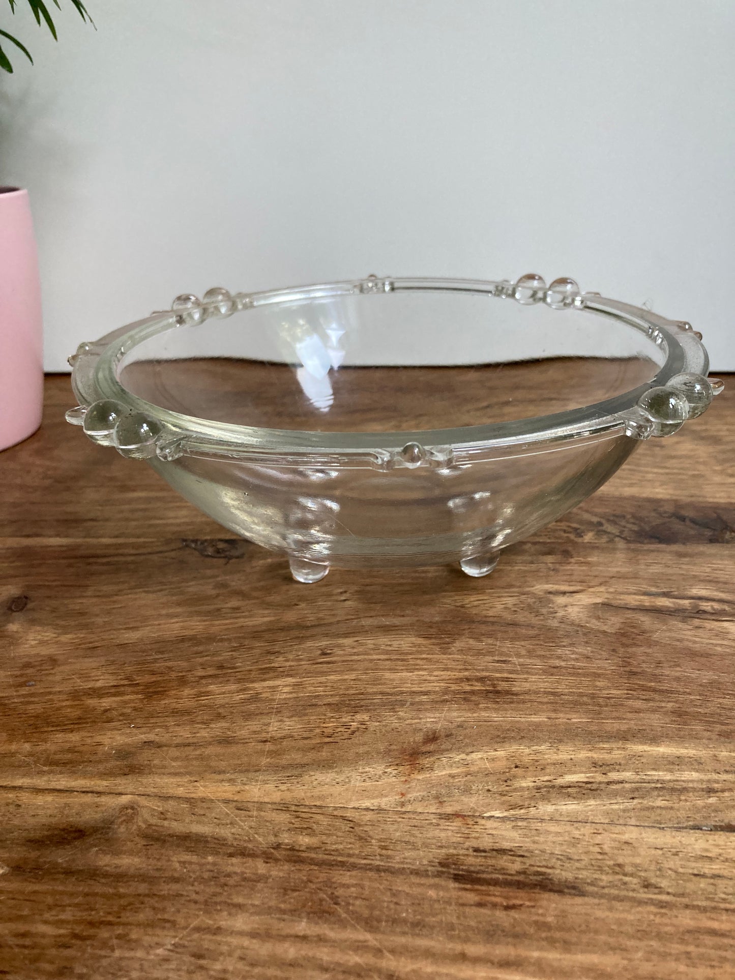 Ornate Glass Bowl On Four Feet Ball Edge Detail Serving Decor Table Centrepiece