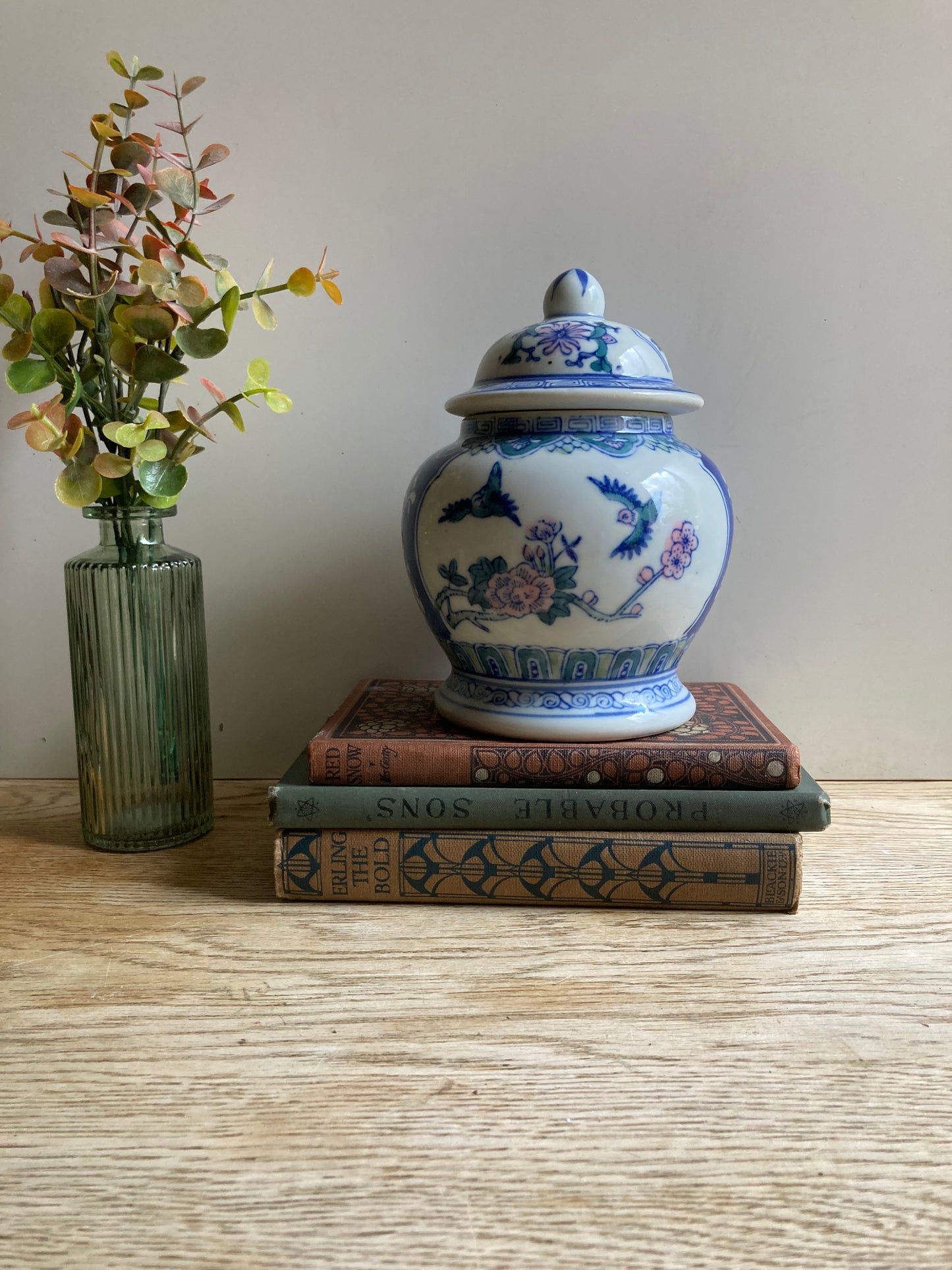Ceramic Asian Ginger Jar Blue White Pink Bird Flower Pattern Stamped Base Decor