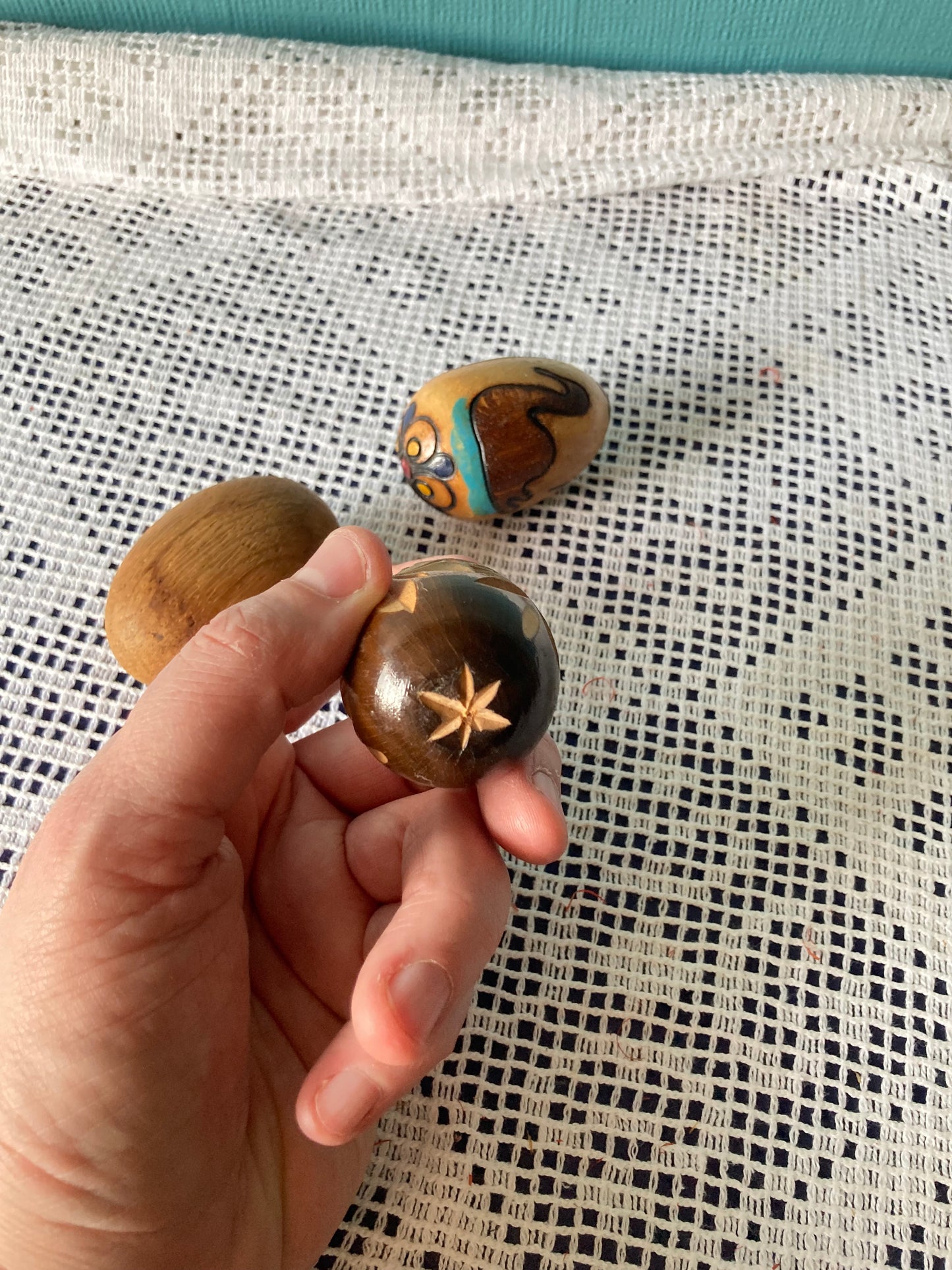 Hand Carved Decorated Wooden Egg Trio