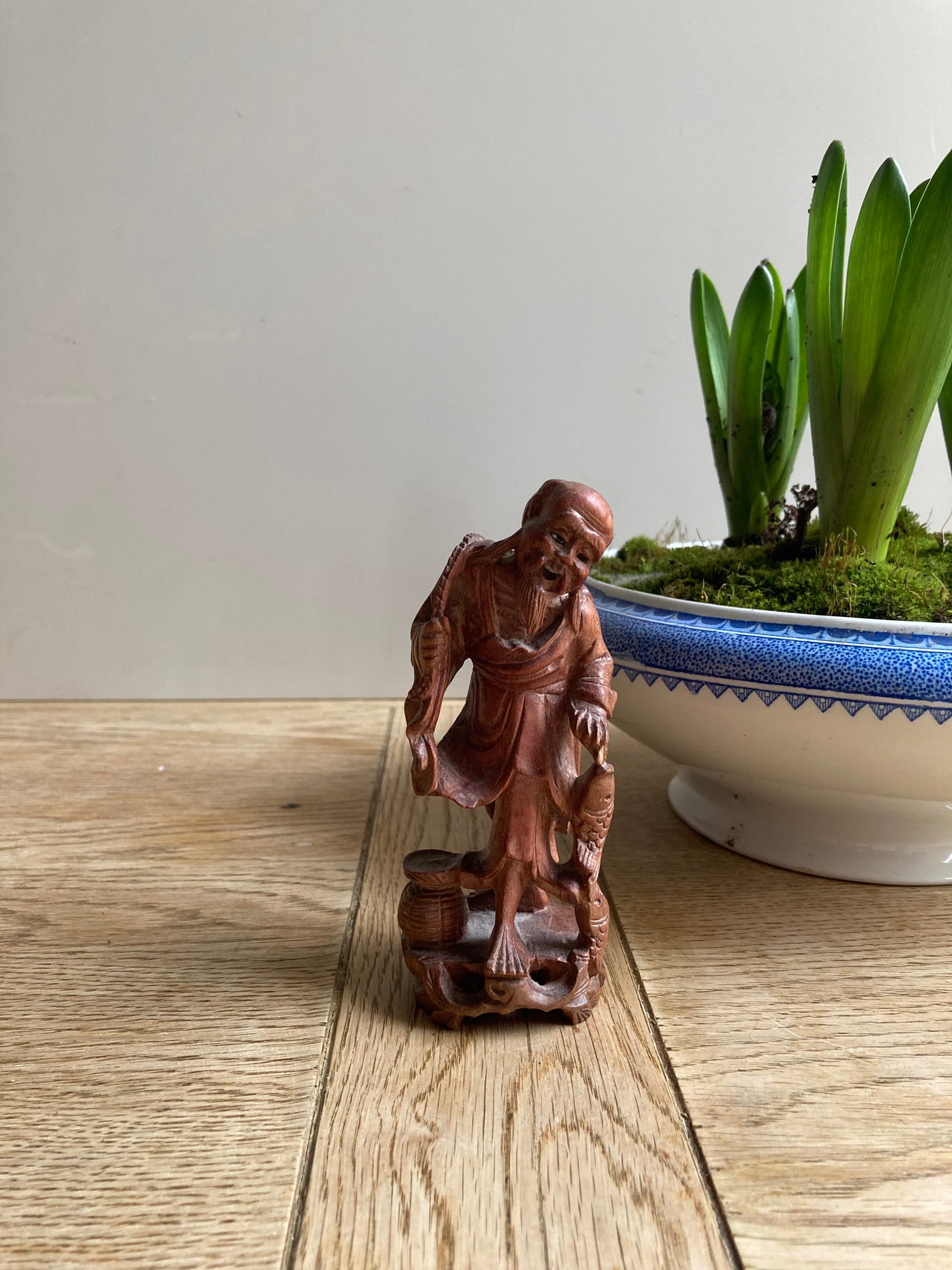 Chinese Fisherman Hand Carved Redwood Statue Vintage Collectible