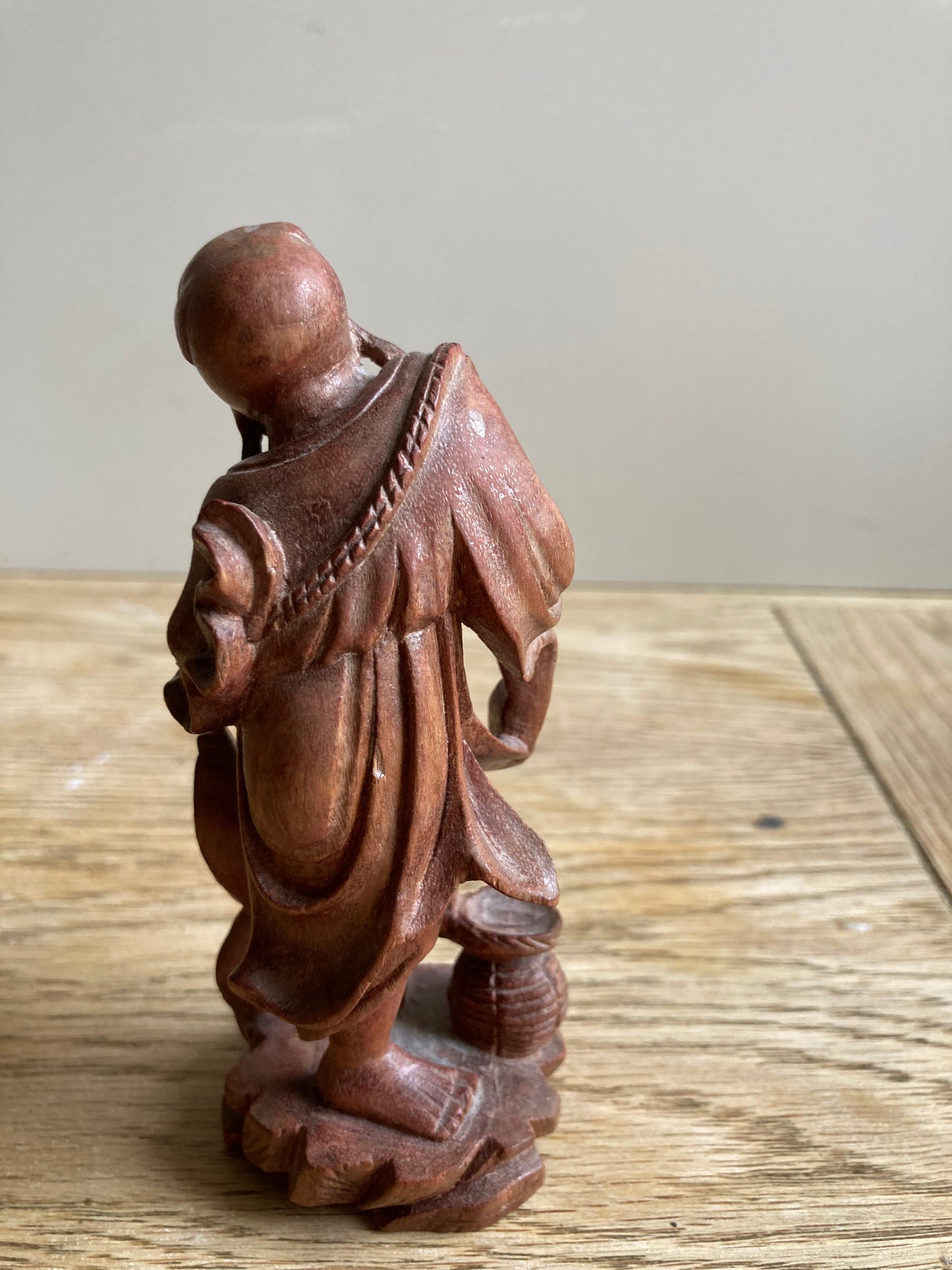 Chinese Fisherman Hand Carved Redwood Statue Vintage Collectible