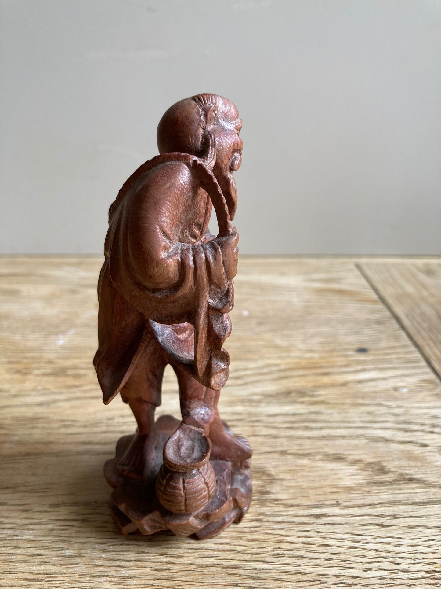 Chinese Fisherman Hand Carved Redwood Statue Vintage Collectible