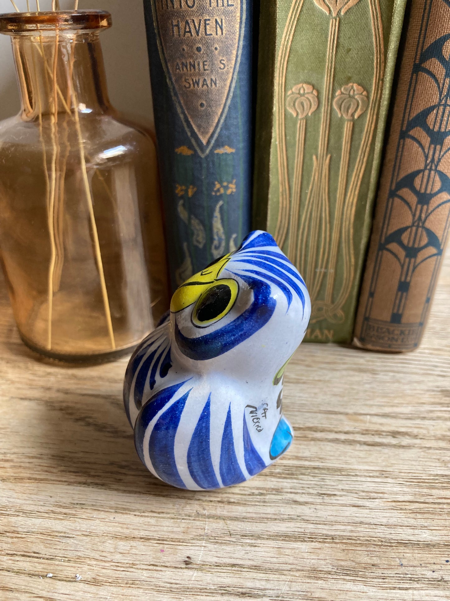 Tonala Mexican Folk Art Pottery Handpainted Signed Owl Figurine