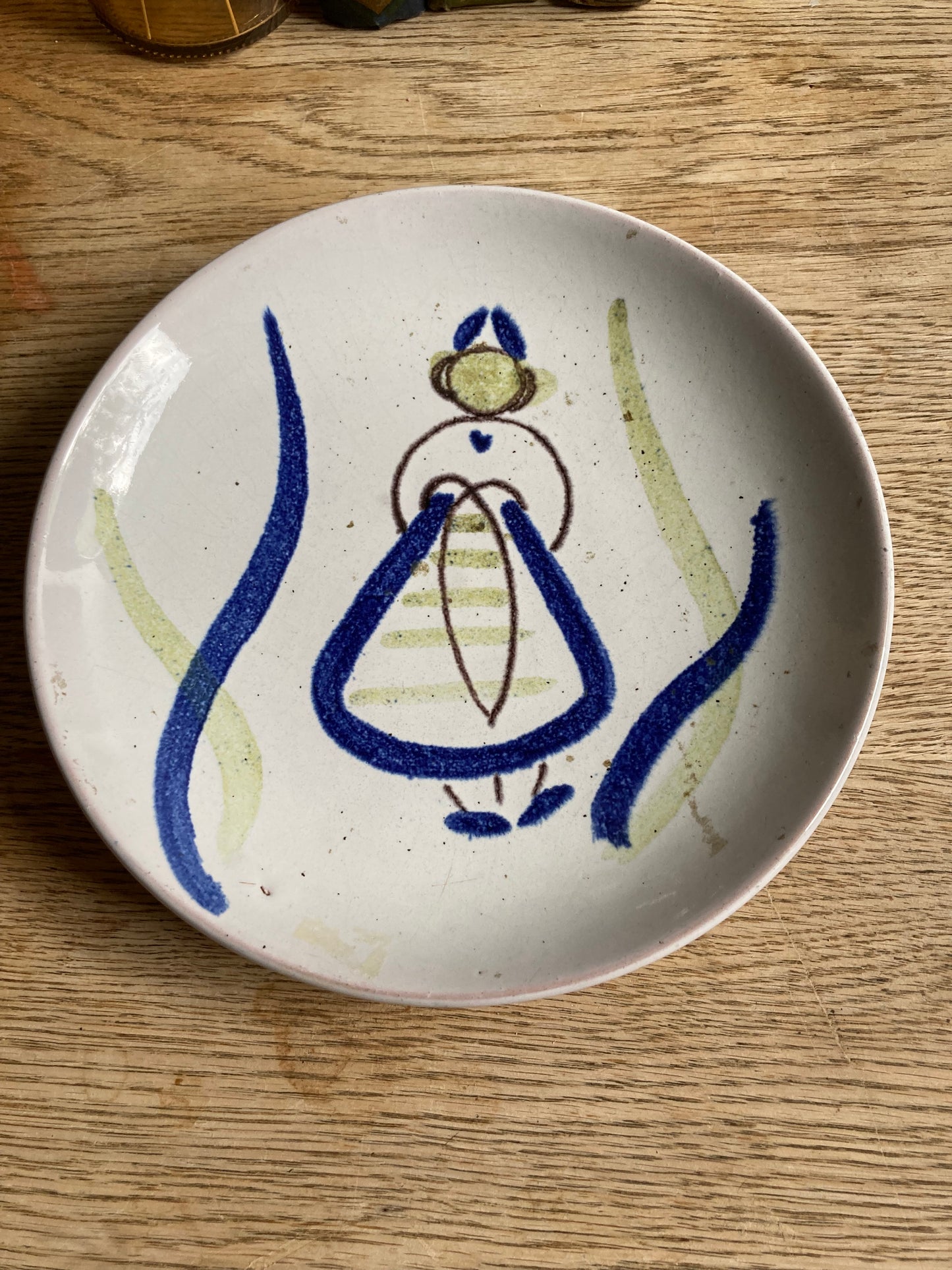Hand Painted Plate Woman Blue Green Skansen Up Signed