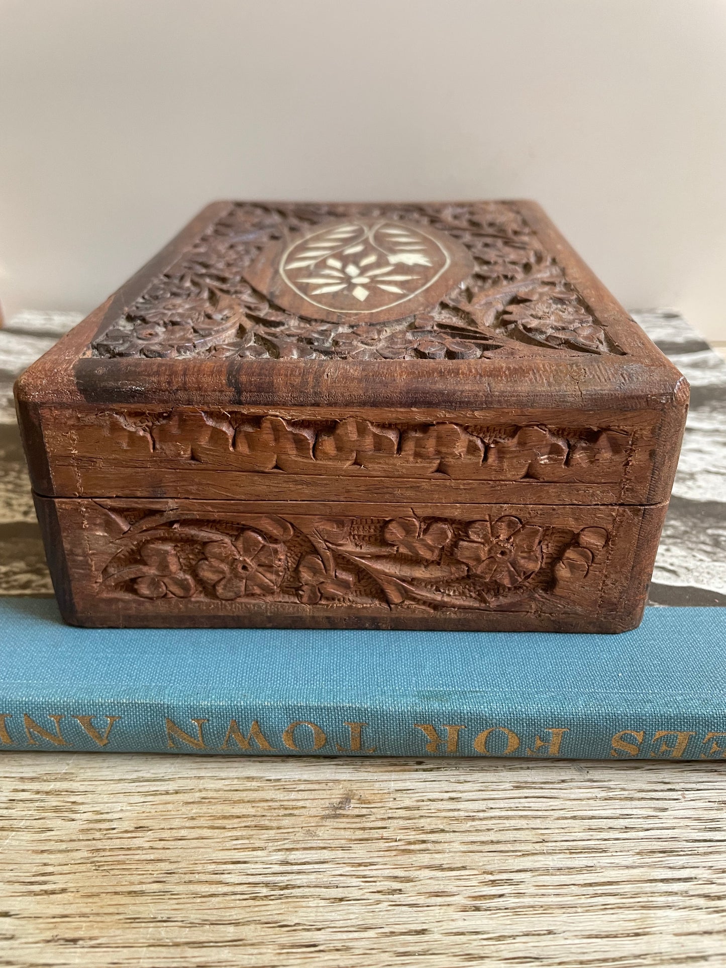 Wooden Jewelry Box Hand Carved With Inlayed Top Gift Decor Display Boho