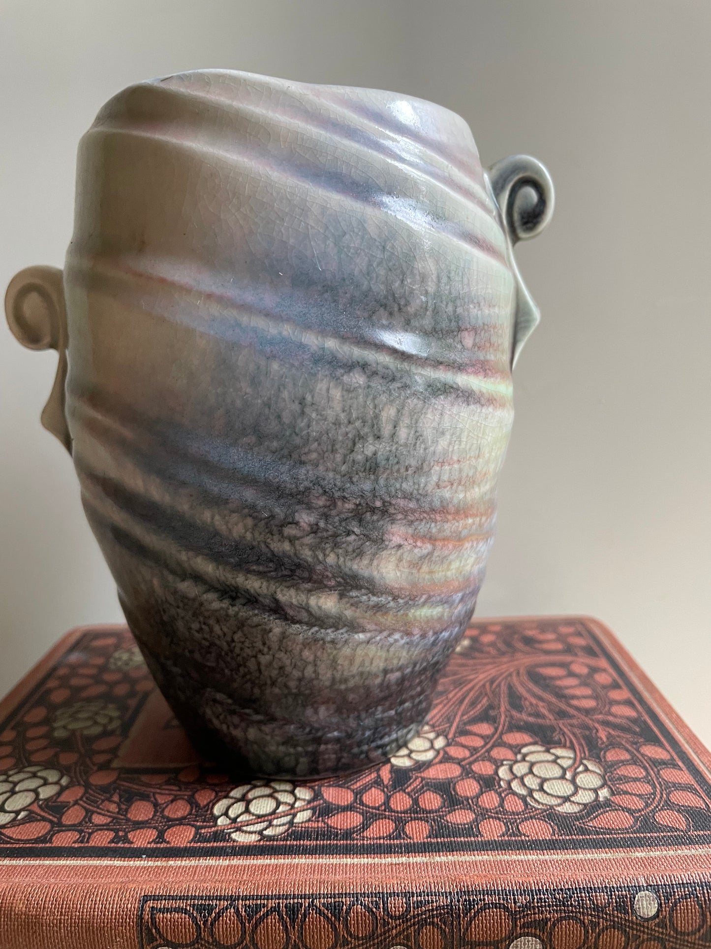 Small SylvaC Shell Vase Handled Pink Grey Iridescent Glaze Vintage