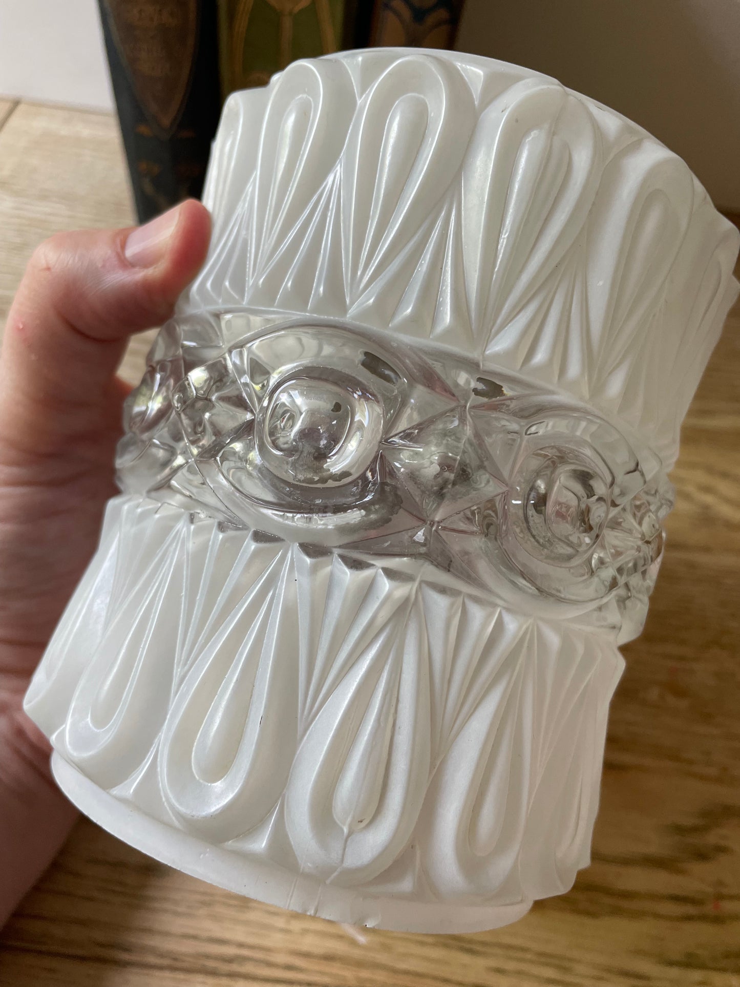 Milk & Clear Glass Light Shade 1970's Geometric Pattern Lamp Shade