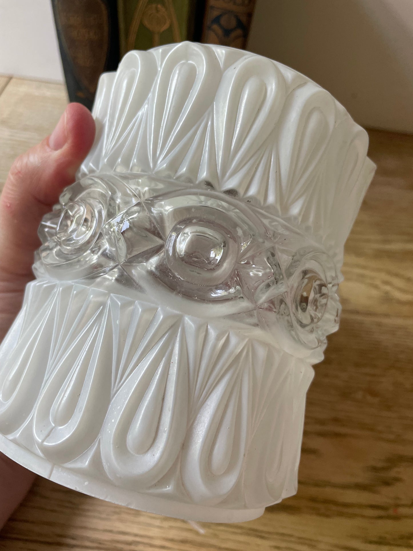 Milk & Clear Glass Light Shade 1970's Geometric Pattern Lamp Shade