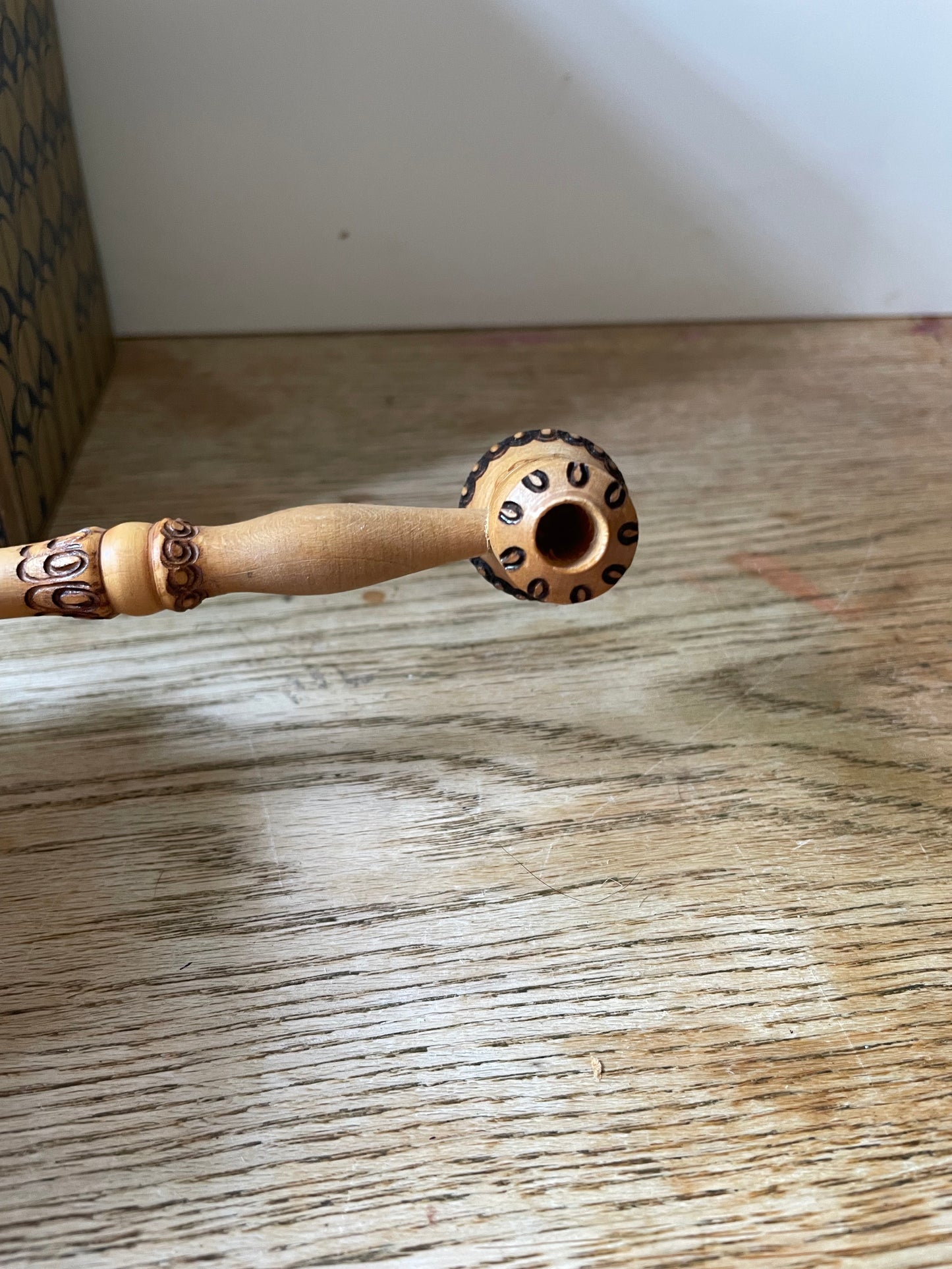 Hand Decorated Wooden Ceremonial Pipe Pyrography Decor