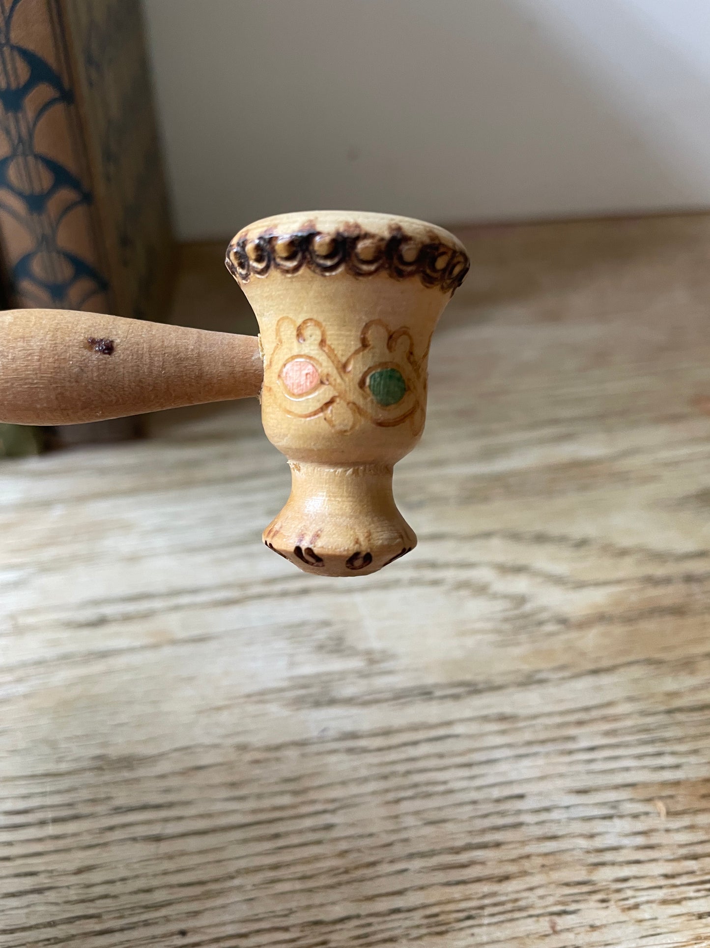 Hand Decorated Wooden Ceremonial Pipe Pyrography Decor