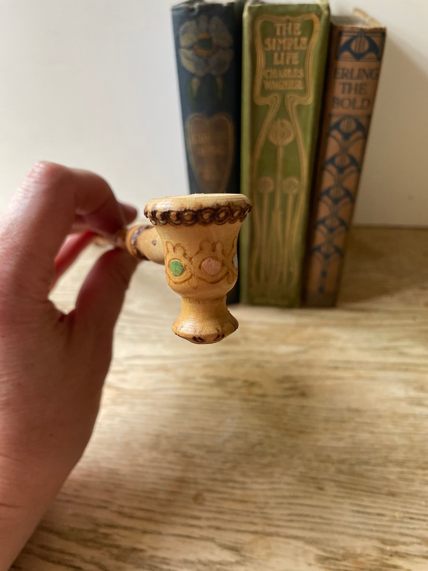 Hand Decorated Wooden Ceremonial Pipe Pyrography Decor
