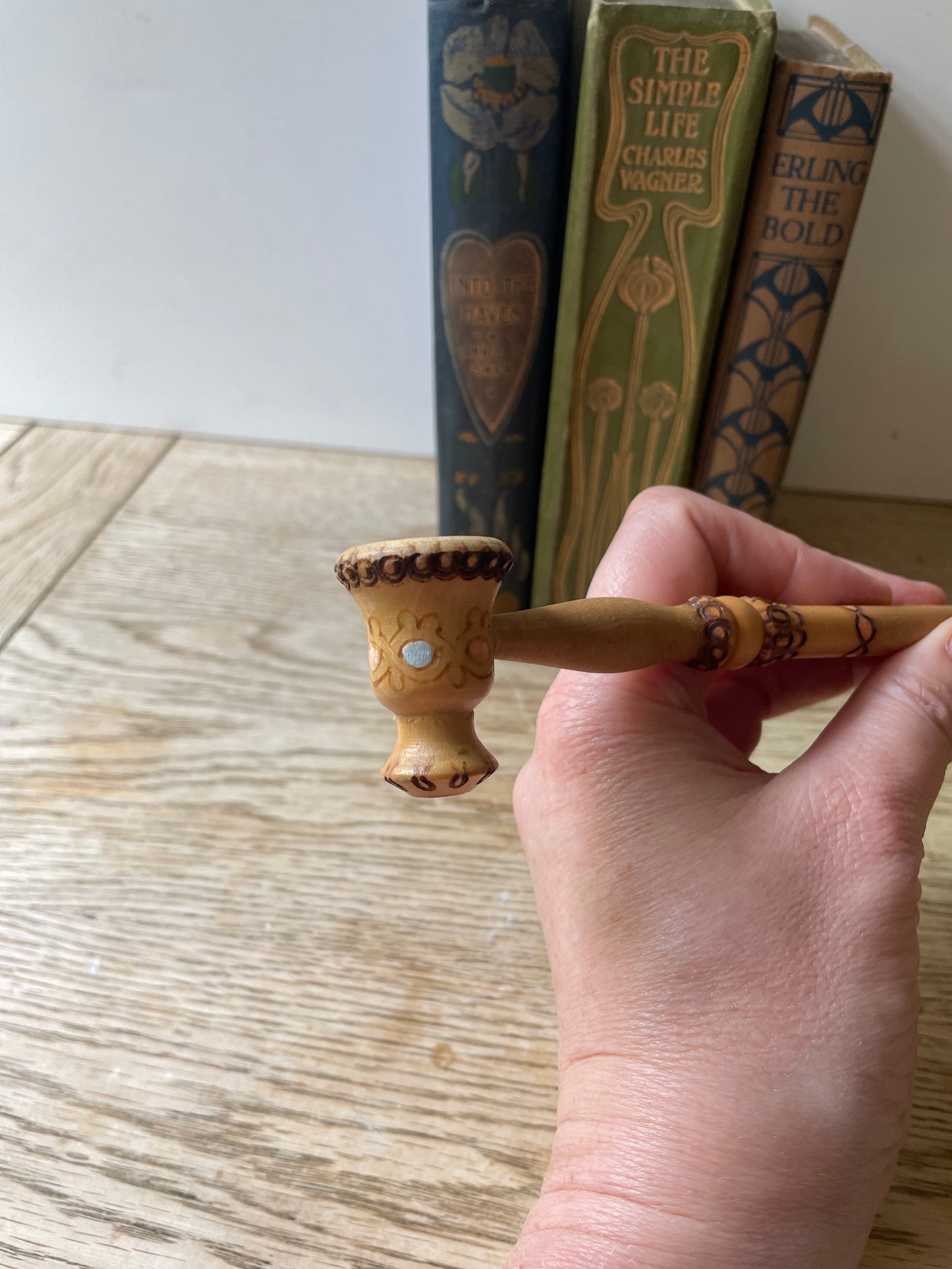 Hand Decorated Wooden Ceremonial Pipe Pyrography Decor
