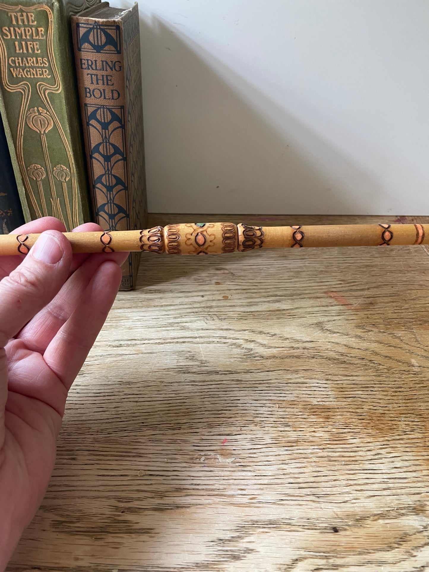 Hand Decorated Wooden Ceremonial Pipe Pyrography Decor