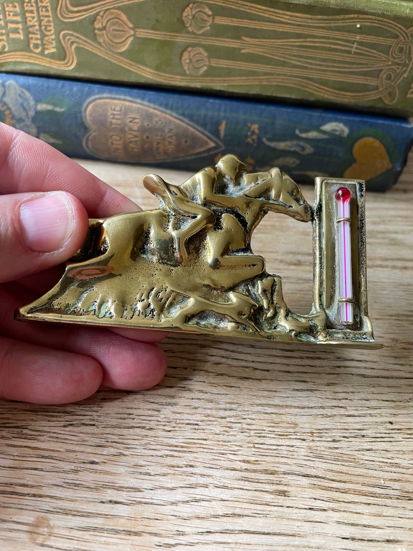 Vintage Brass Jockey Figurine and Integrated Thermometer