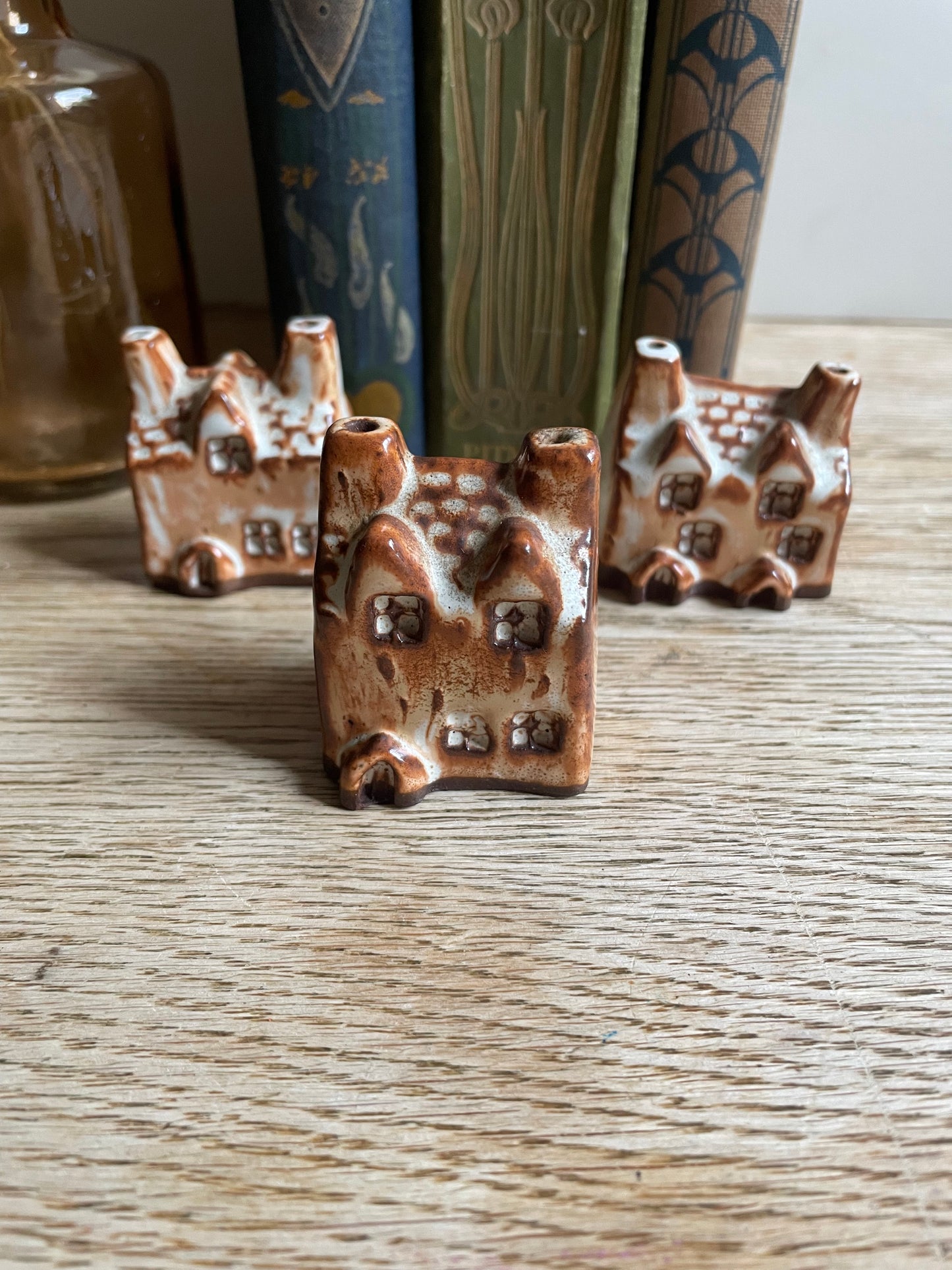 Artisan Handmade Miniature House Redware Clay White Glaze Village Set of 3