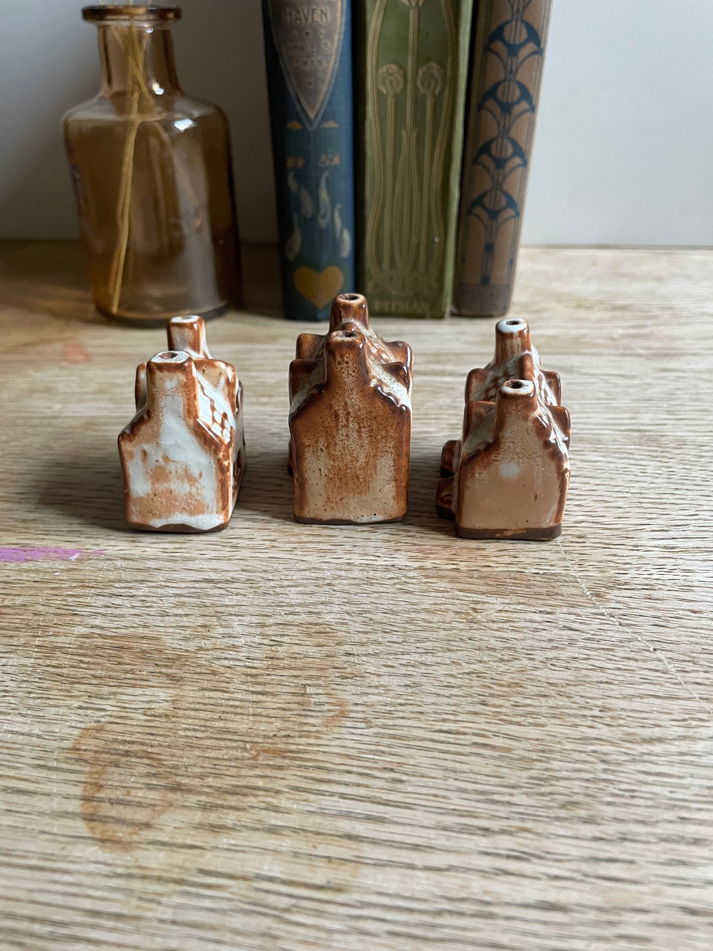 Artisan Handmade Miniature House Redware Clay White Glaze Village Set of 3