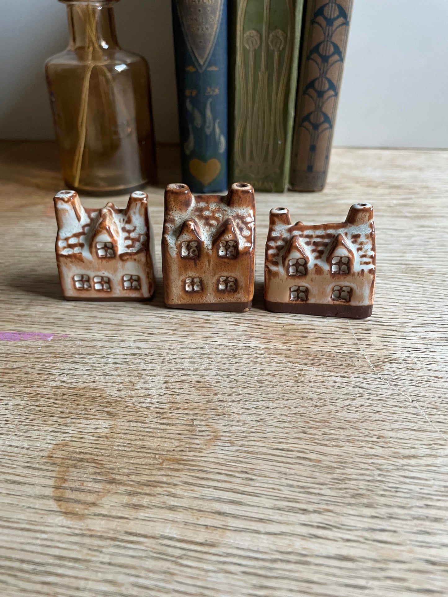 Artisan Handmade Miniature House Redware Clay White Glaze Village Set of 3