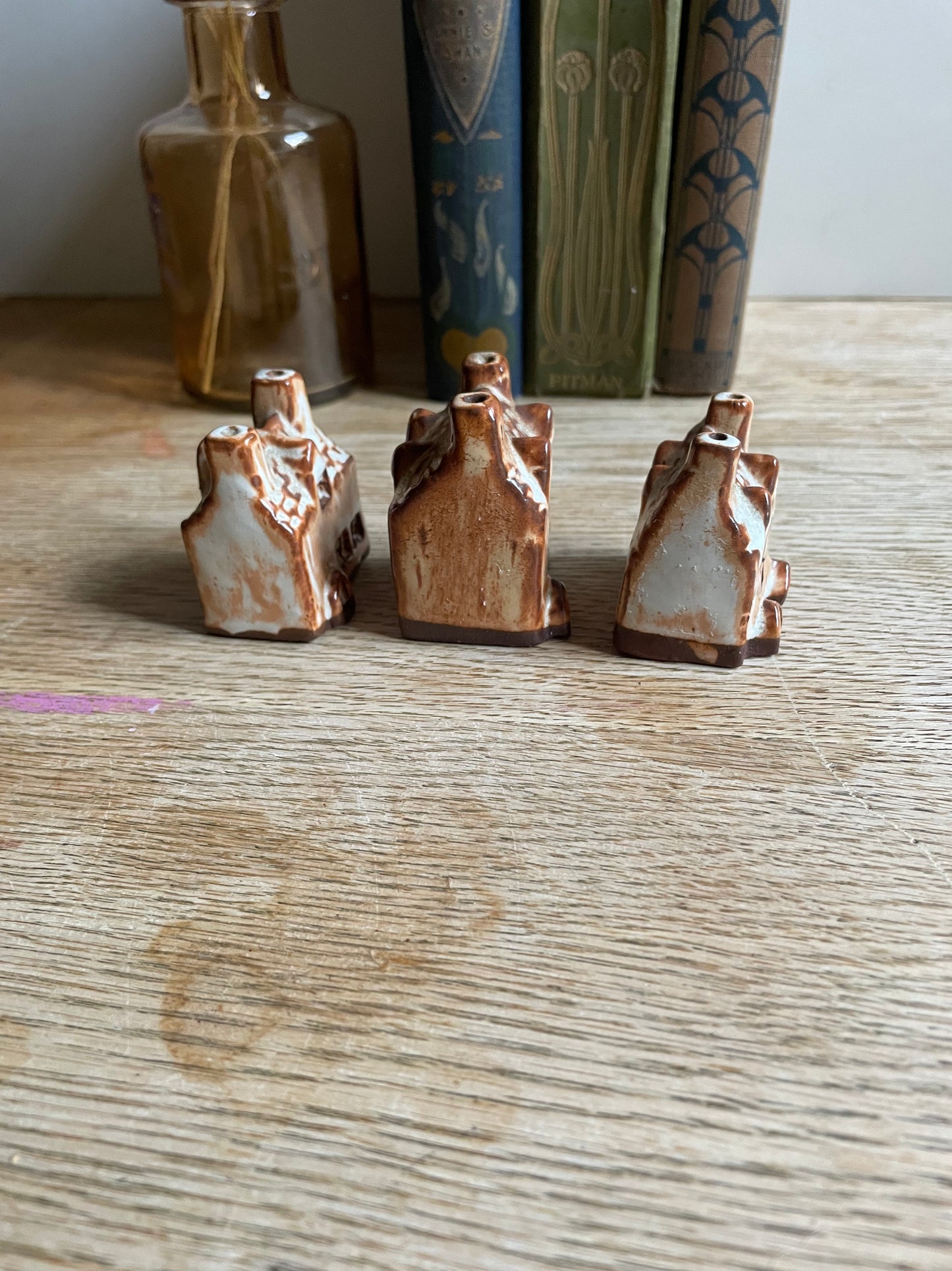 Artisan Handmade Miniature House Redware Clay White Glaze Village Set of 3
