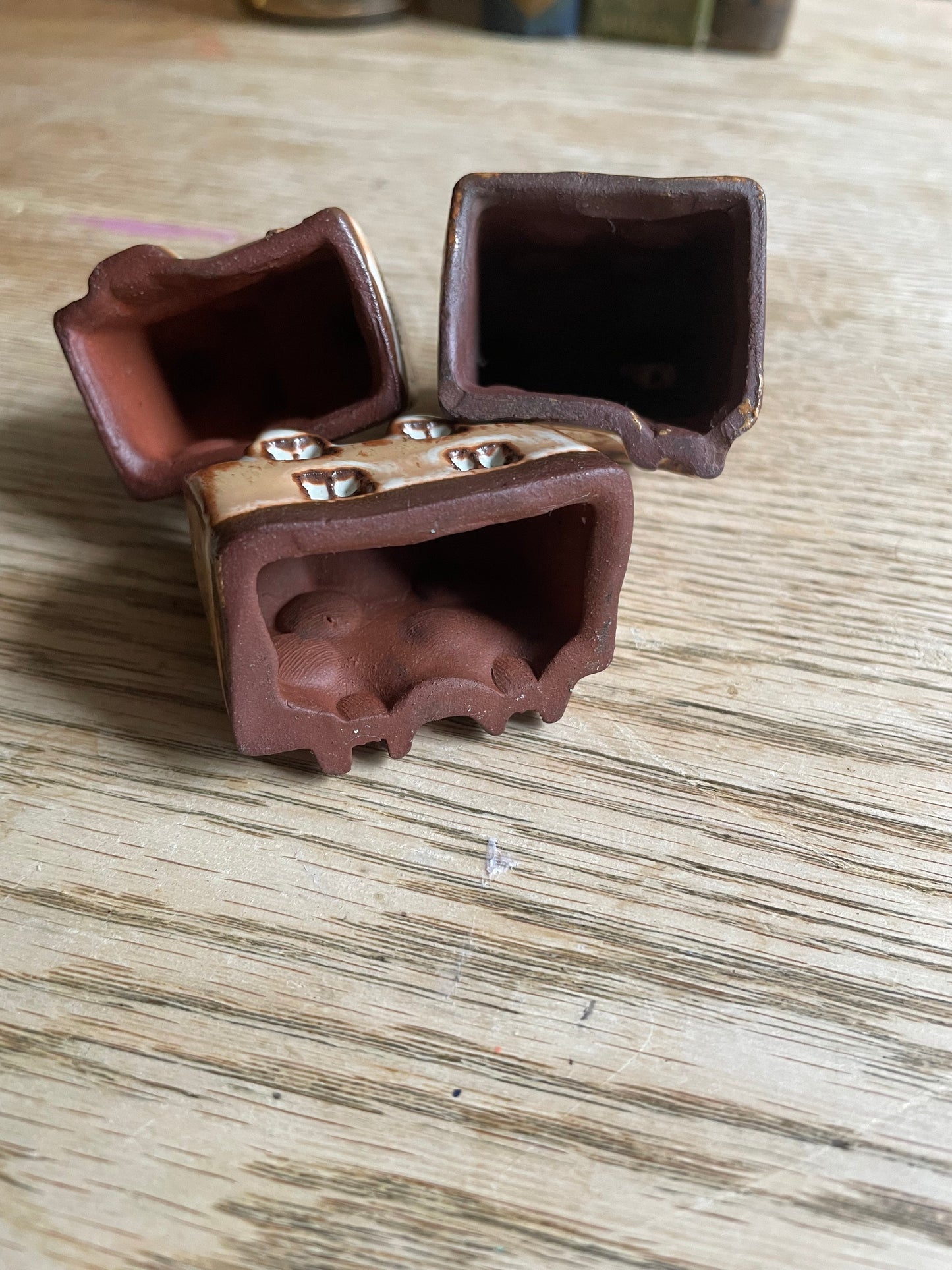 Artisan Handmade Miniature House Redware Clay White Glaze Village Set of 3