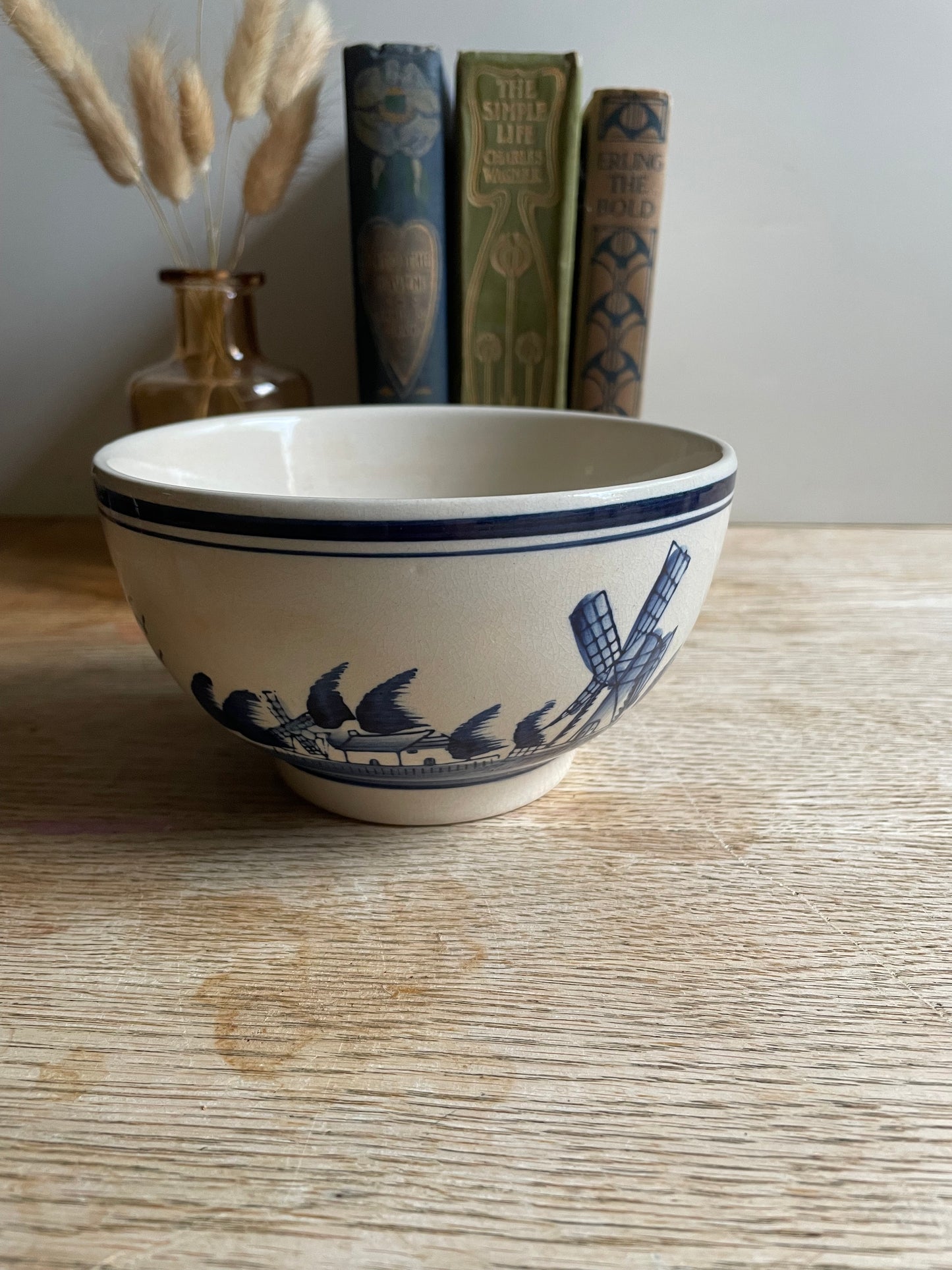 Blue and White Delft Blu Style Bowl Windmill Sail Boat Decorated