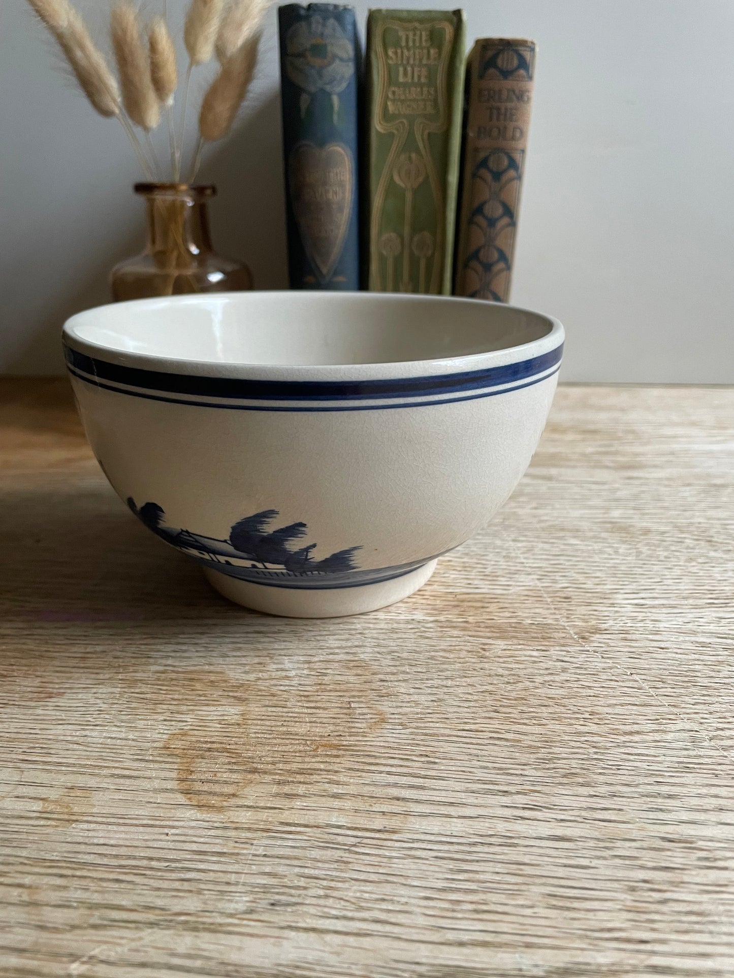 Blue and White Delft Blu Style Bowl Windmill Sail Boat Decorated
