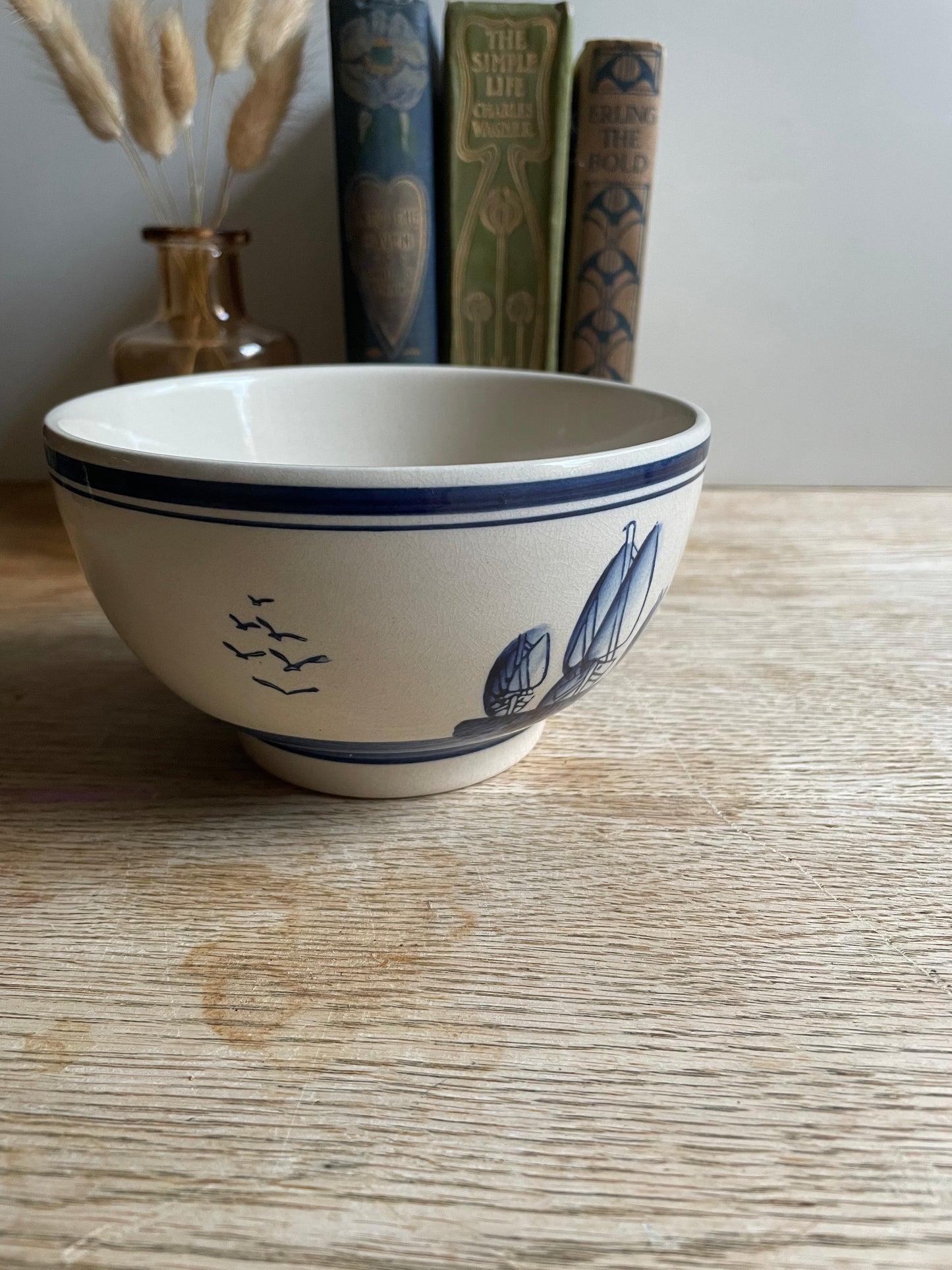 Blue and White Delft Blu Style Bowl Windmill Sail Boat Decorated