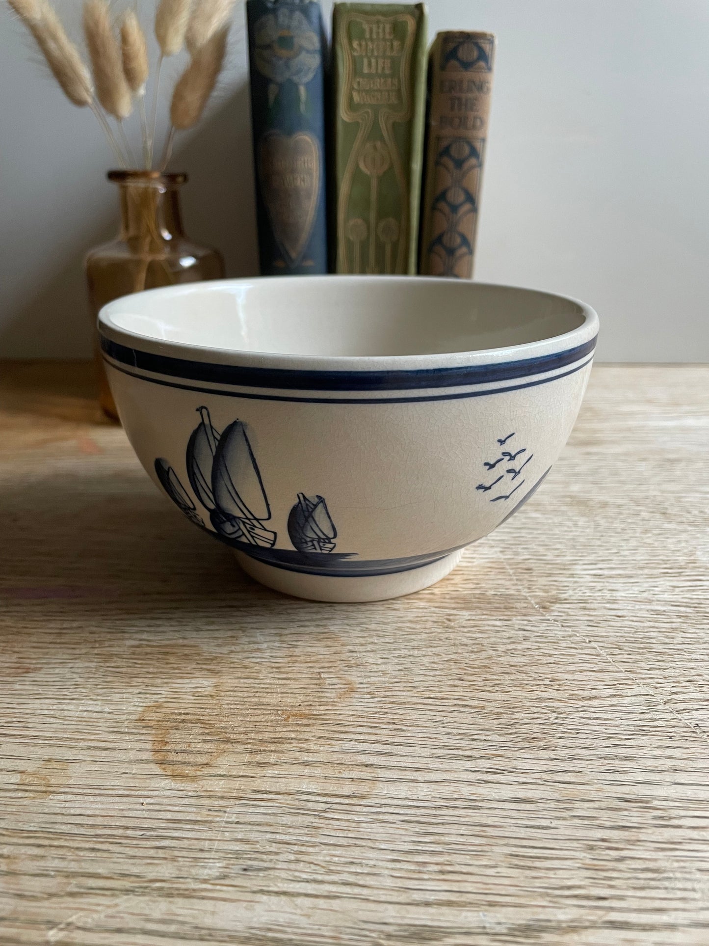 Blue and White Delft Blu Style Bowl Windmill Sail Boat Decorated