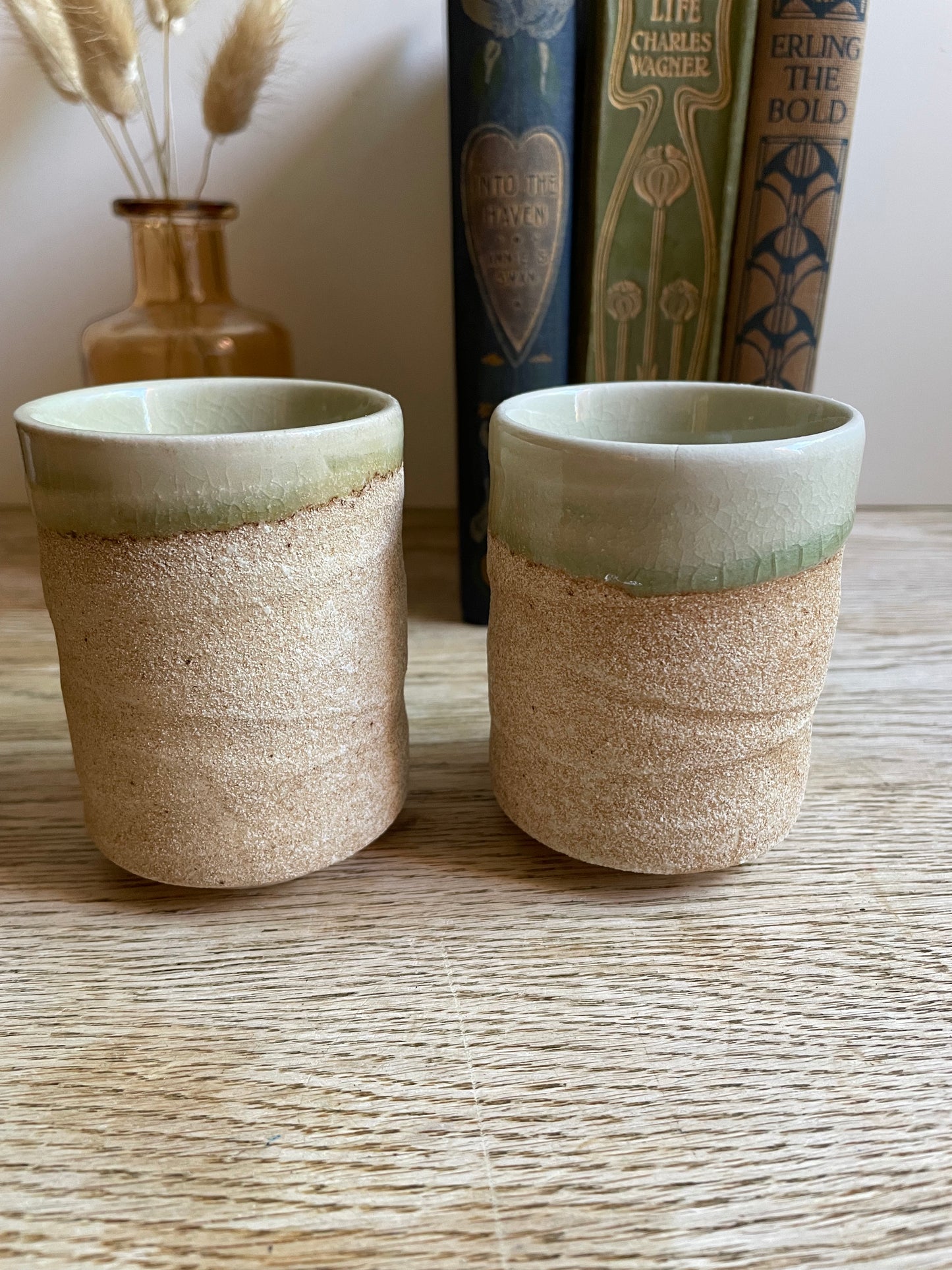 Yunomi Tea Vessels Textured Ceramic Cup Pair Studio Pottery Crackle Glazed Raw Grogged Clay