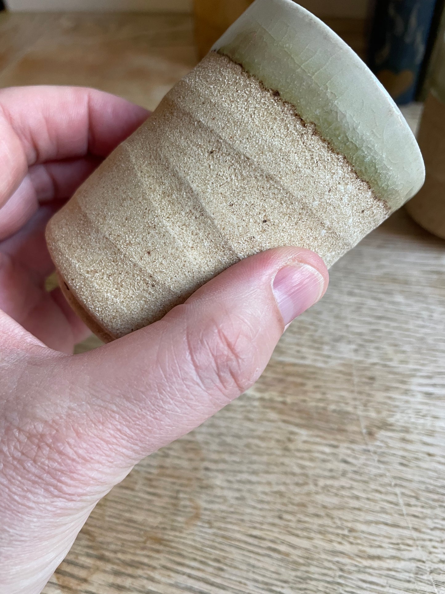 Yunomi Tea Vessels Textured Ceramic Cup Pair Studio Pottery Crackle Glazed Raw Grogged Clay