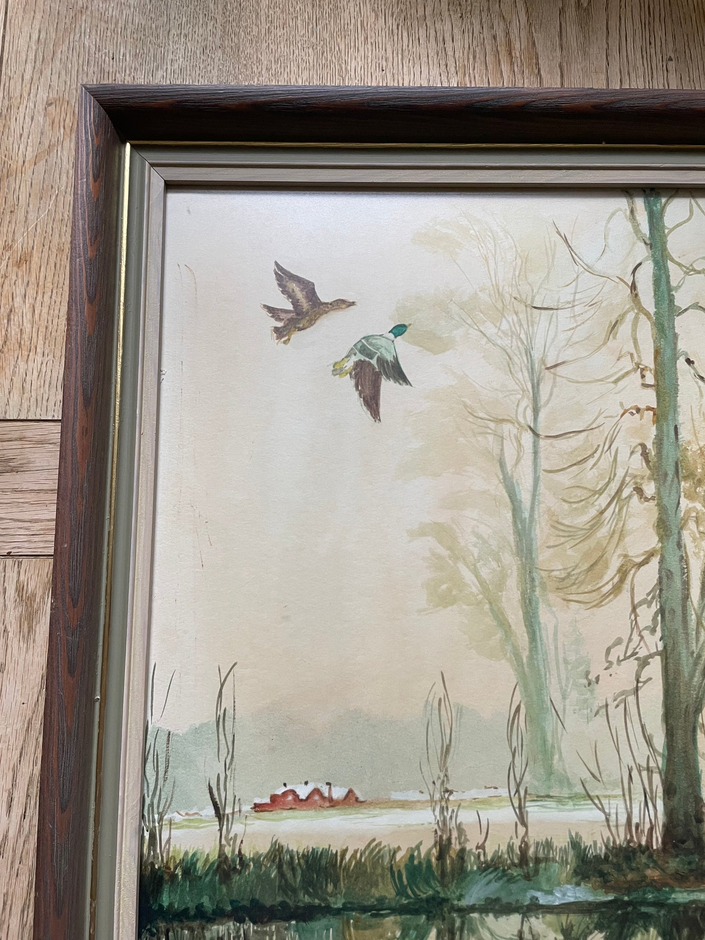 Framed Vintage Print Marsh Landscape with Ducks Flying