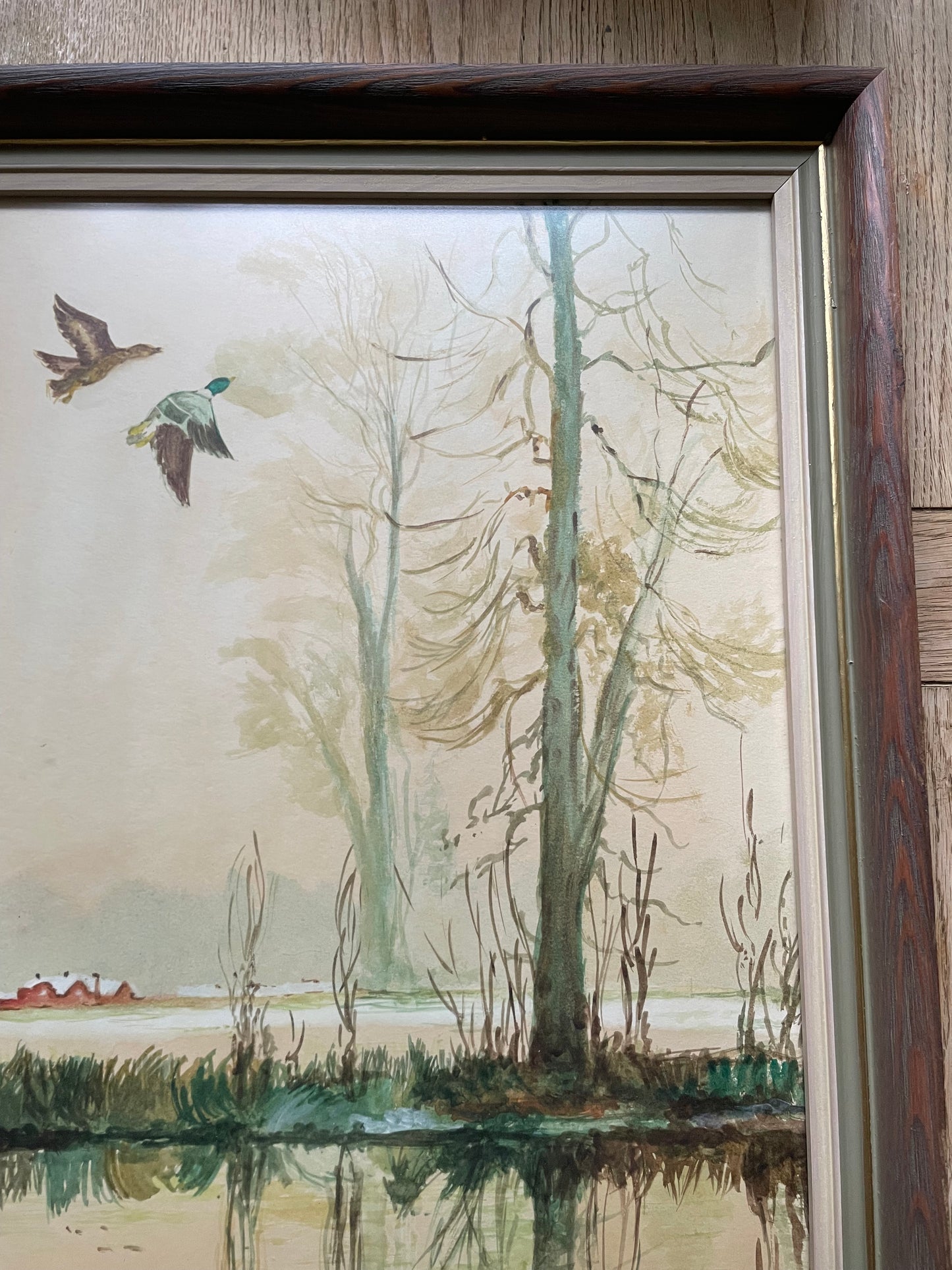 Framed Vintage Print Marsh Landscape with Ducks Flying