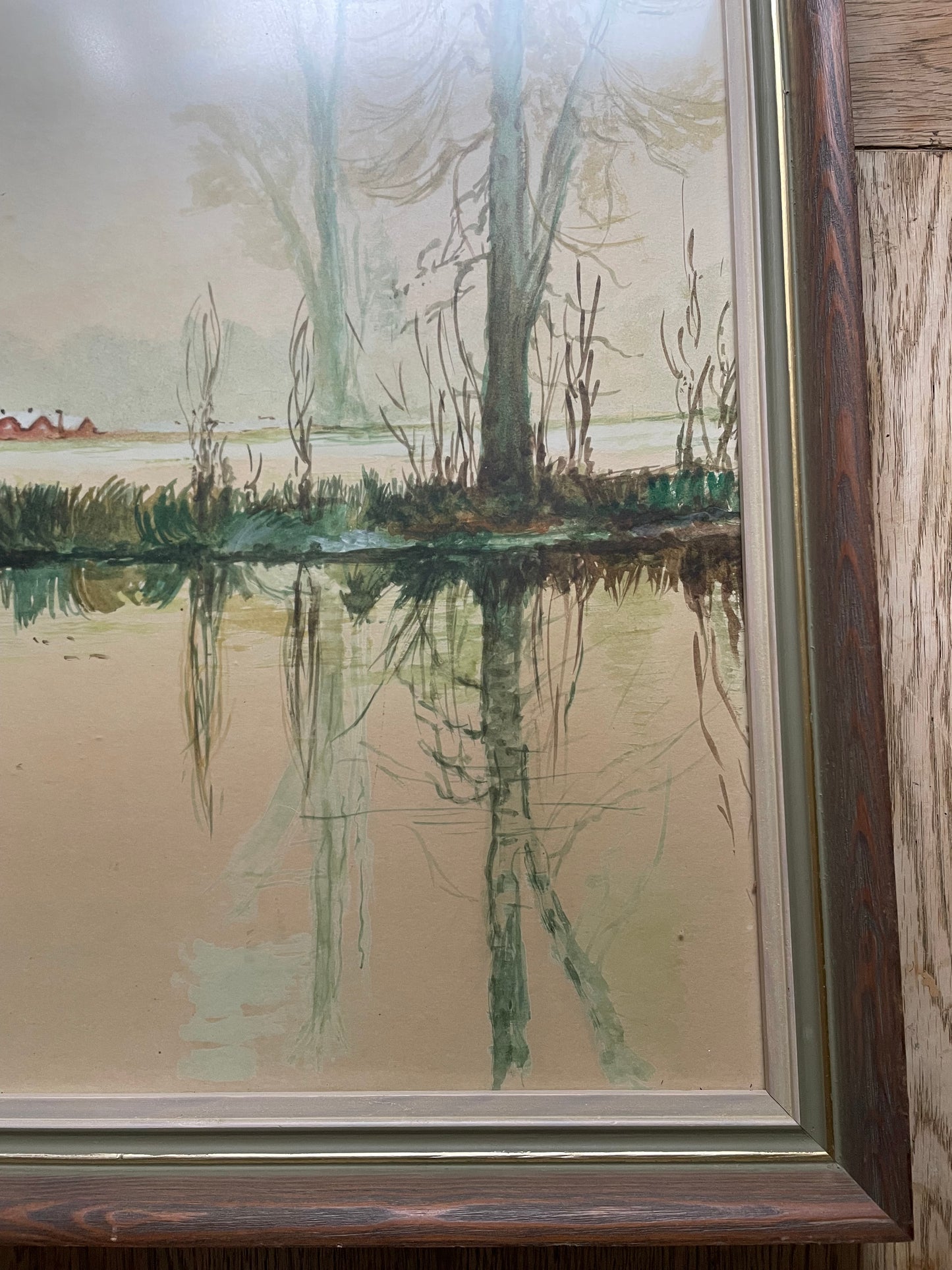 Framed Vintage Print Marsh Landscape with Ducks Flying